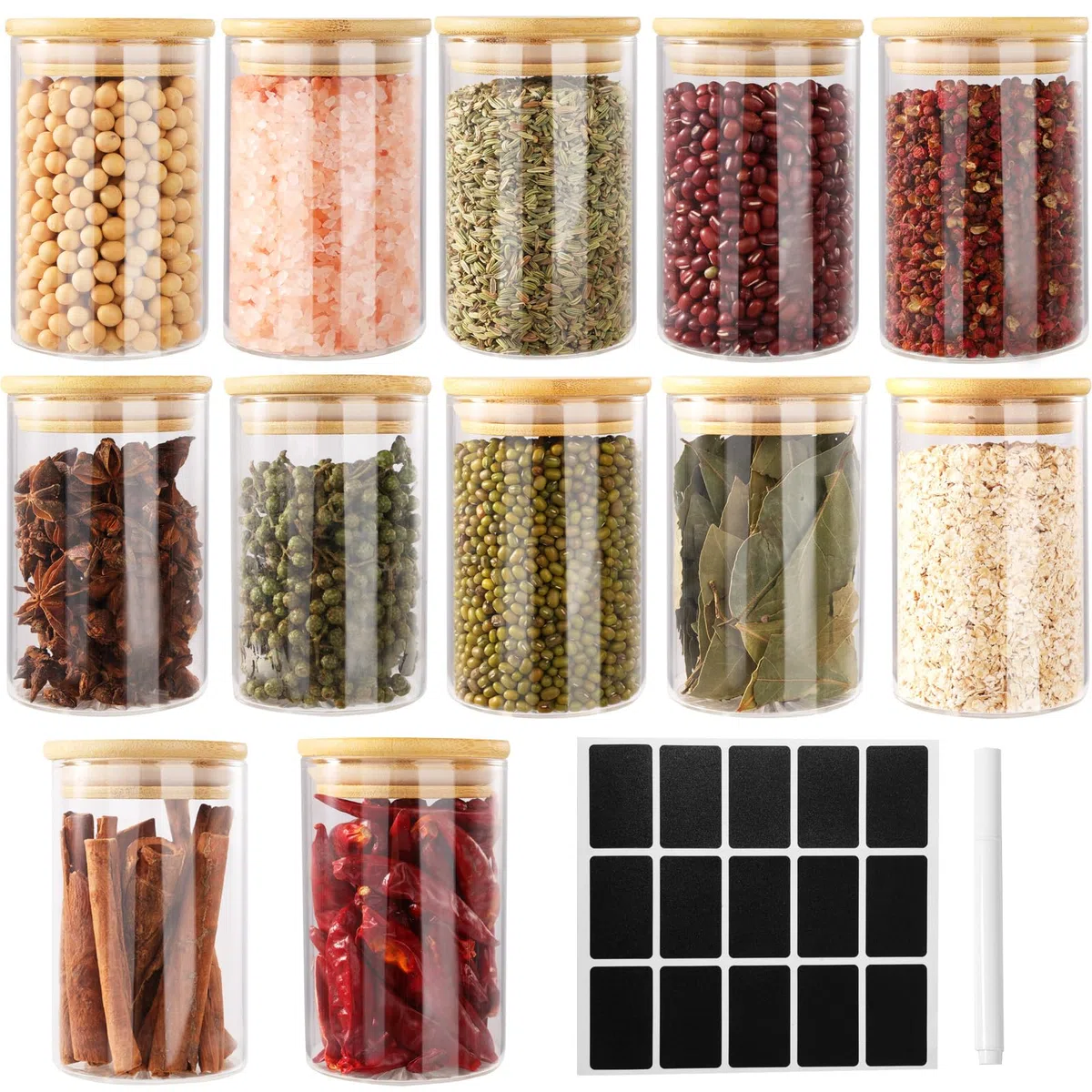 FoiiLiio Botes Especias Cristal, 12 x 250ml Redondos Tarros Especias con Tapas de Bambú, Frascos Especiarias Spice Jars, Botes para especias con Etiquetas