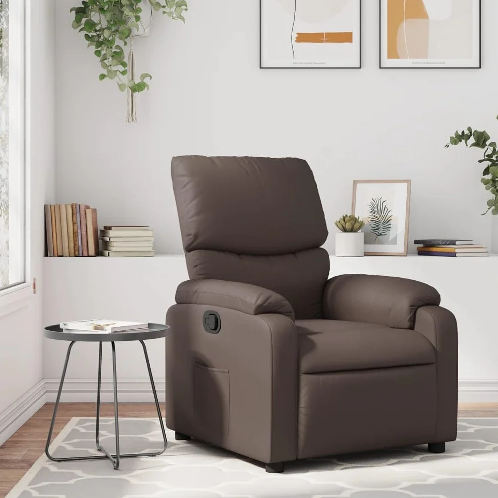 Sillón de relax manual de piel sintética marrón con reposabrazos, cómodo sillón de descanso con bolsillo lateral, respaldo ajustable hasta 135°, piel sintética de fácil cuidado, estable