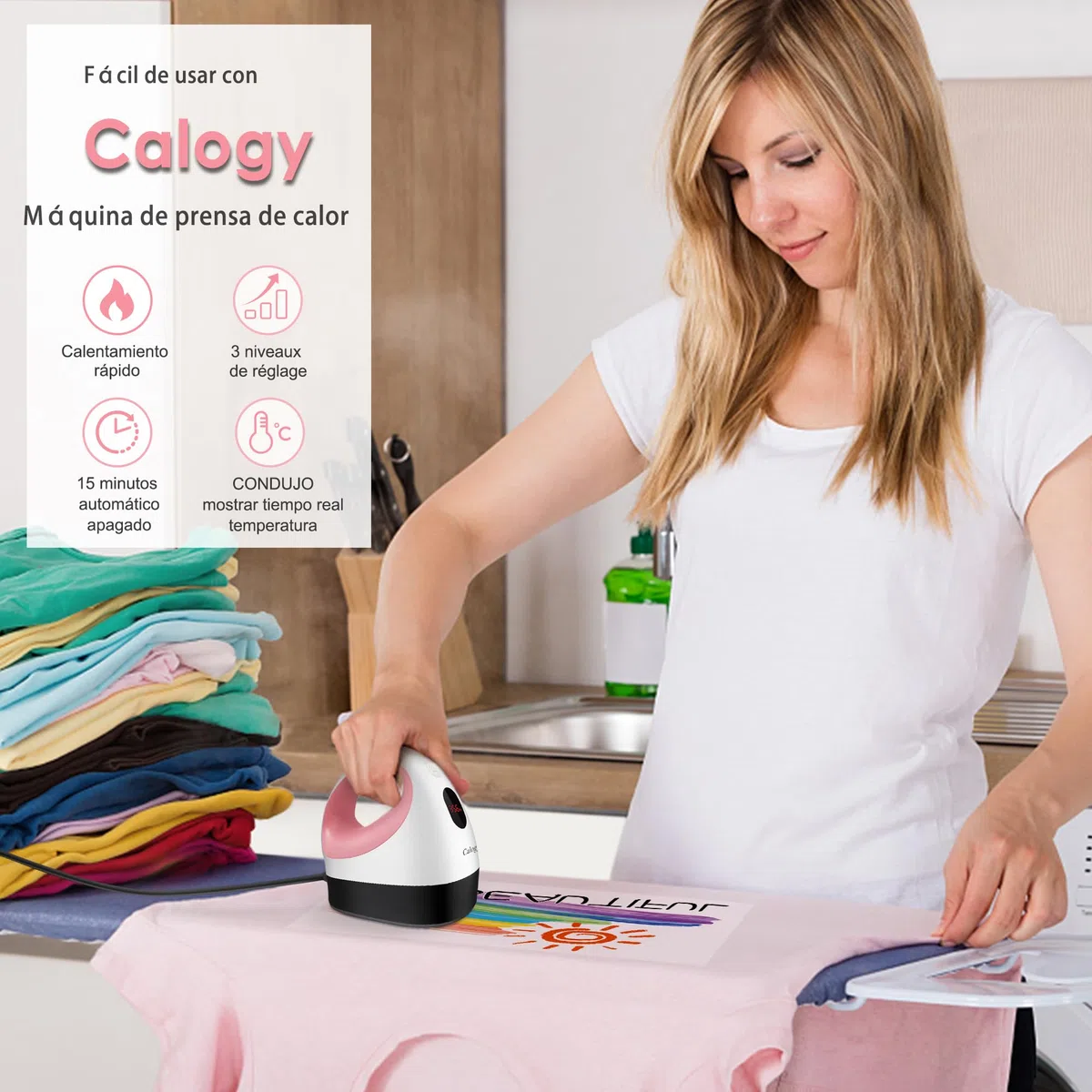 Calogy Mini Prensa De Calor, Impresora De Transferencia De Calor, Plancha Led Pequeña Y Portátil, Control De Temperatura, Base De Seguridad Aislada, Se Adapta A Manualidades, Gorras (Blanco Rosa)