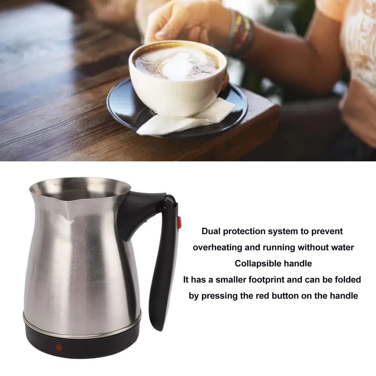 Máquina de Café Turco Eléctrica 600W Compacta, con Plegable antiescaldaduras, Turca de Acero Inoxidable para Casa y Oficina (500ml)