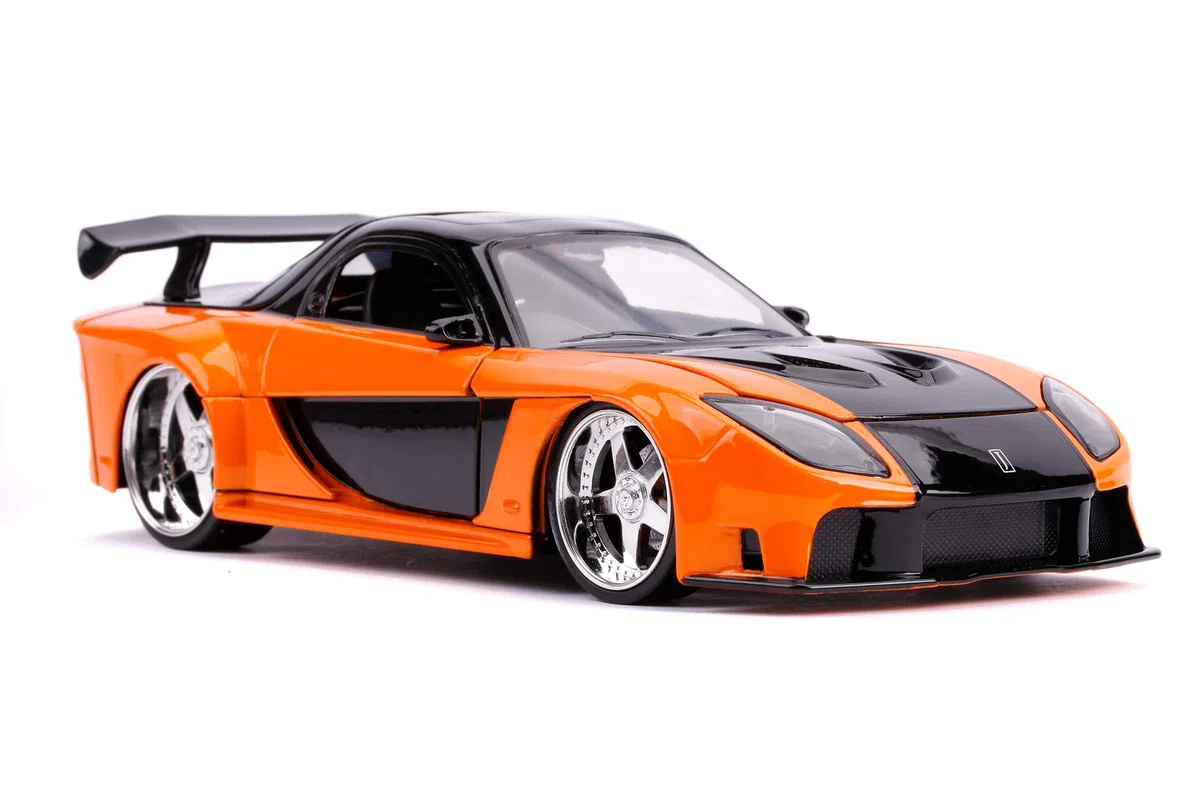 Jada Toys 253203058 Fast & Furious Han's Mazda RX-7 - Coche Tuning a Escala 1:24 con alerón, Puertas Que se abren, capó y Maletero, Rueda Libre, Color Naranja