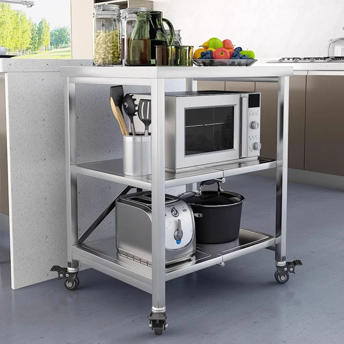 Carro De Acero Inoxidable con 3 Estantes, Carro De Cocina con Ruedas De Freno, Estante Plegable Y Rodante para Catering, Carro De Transporte para Cocina De Restaurante