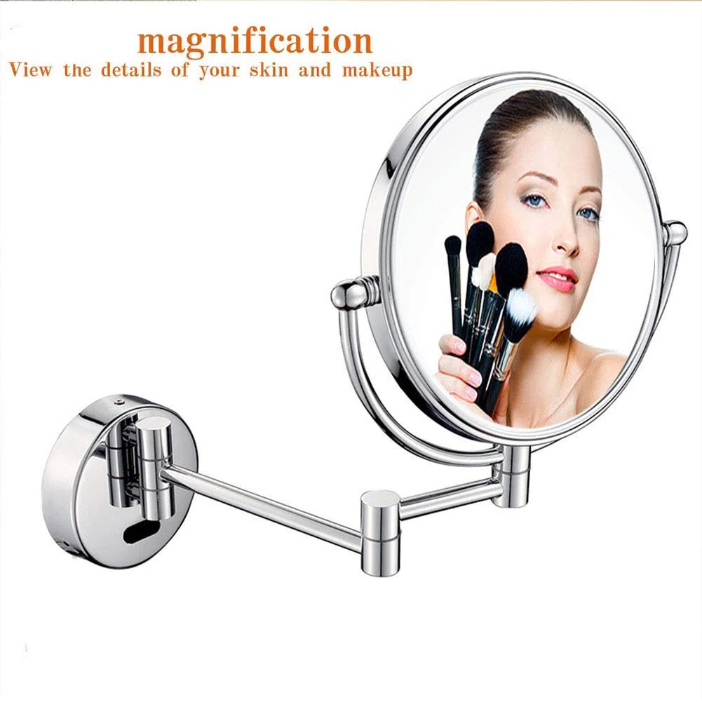Espejo de Maquillaje, Espejo de maquillaje montado en la pared con aumento, espejo de tocador de baño de dos caras premium de 8 pulgadas con luz LED, giratorio de 360 grados, brazo extensible, redondo