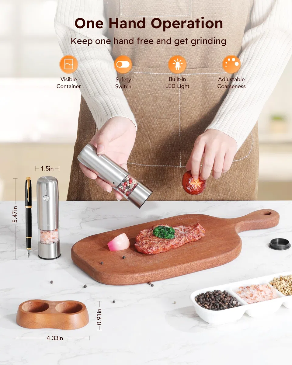 Sangcon Mini Molinillo Eléctrico de Sal y Pimienta con Base de Madera, Recargable USB, Pequeño Molinillo Pimienta Automático, para Viajes/Barbacoa/Niños, Control con un Botón (Acero Inoxidable)