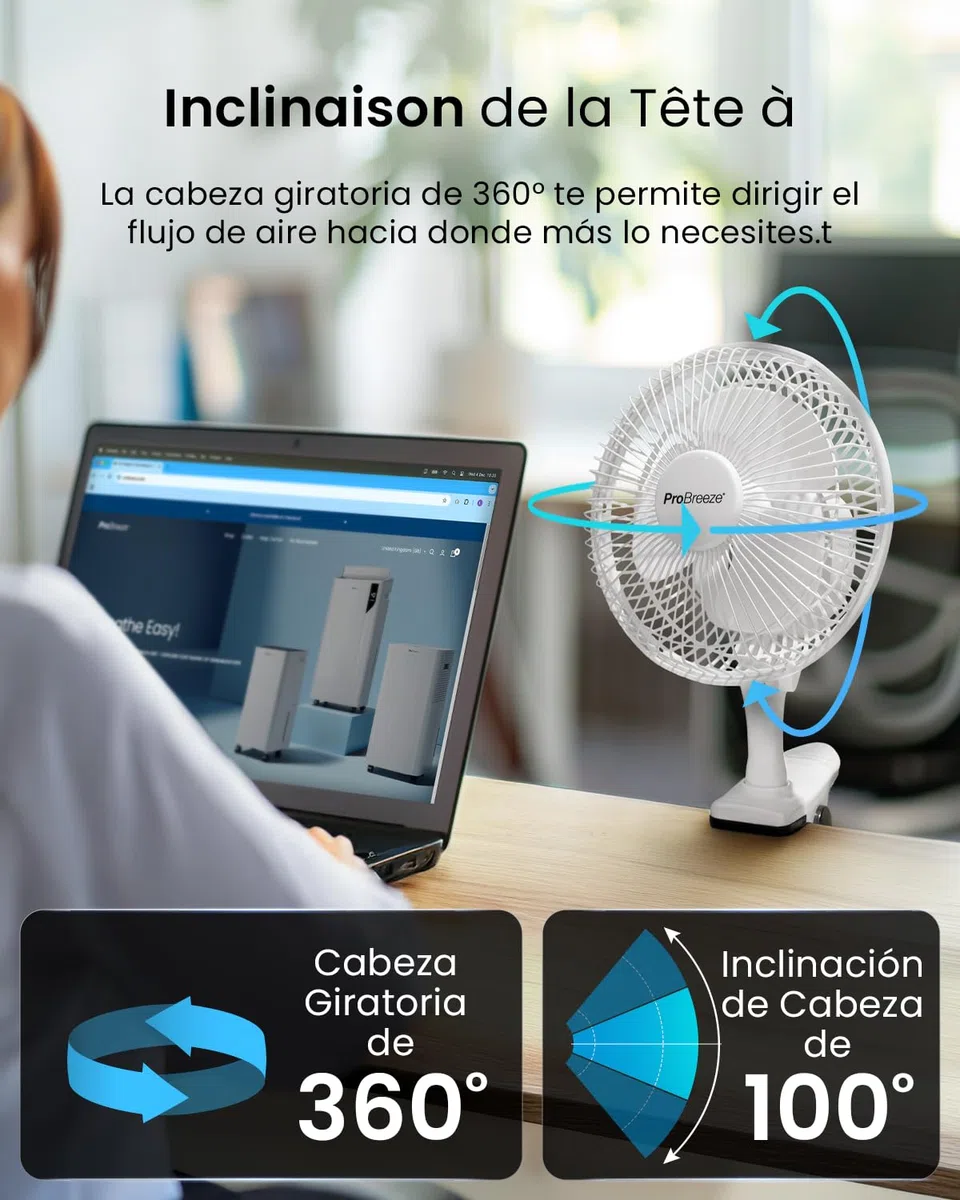 Pro Breeze Mini Ventilador de Sobremesa con Clip I Pequeño Ventilador Eléctrico con Funcionamiento Ultra silencioso y 2 Configuraciones de Velocidad I 15W para Hogar, Cama, Oficina y Escritorio