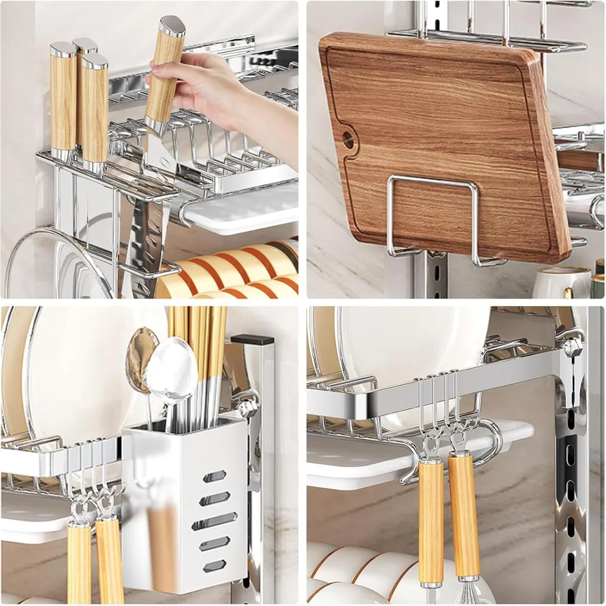 Escurreplatos de pared, con barra de 40 cm, con bandeja de goteo extraíble de acero inoxidable para colgar, plegable en portavasos, estantes