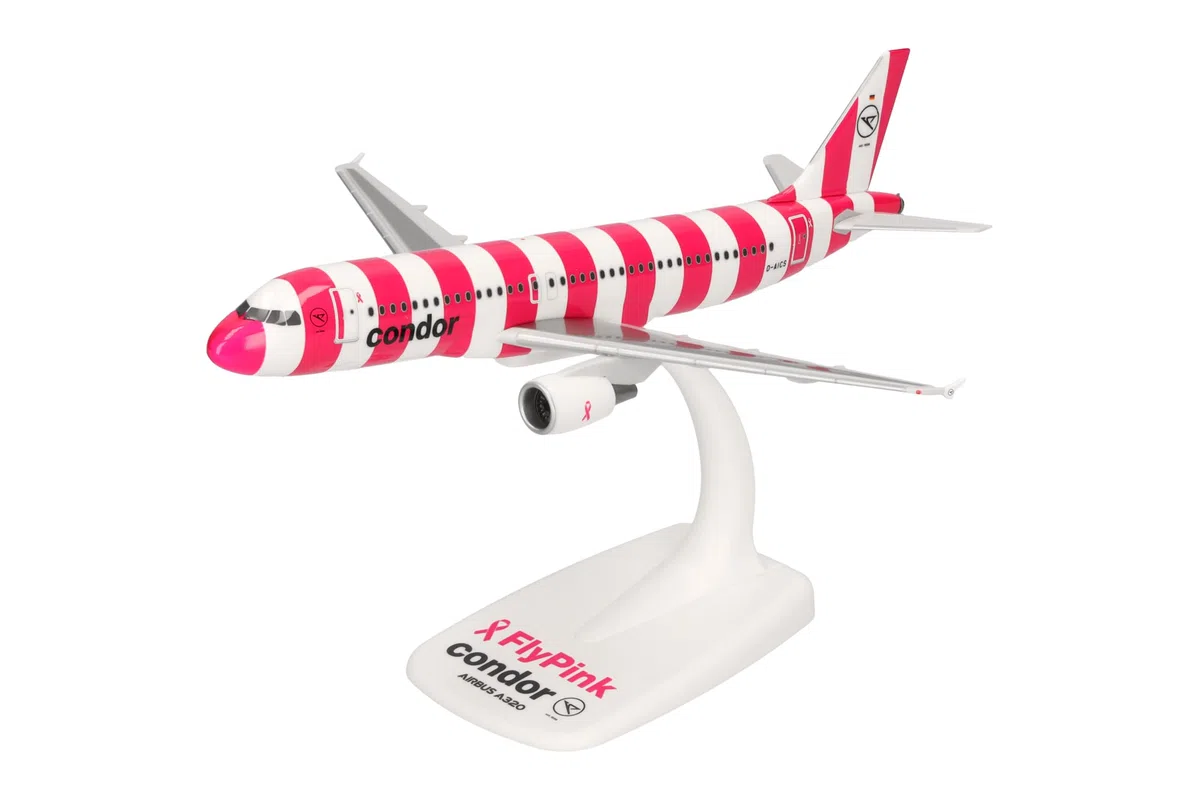 Herpa Miniatura del avión Condor Airbus A320 FlyPink Plane - Snap-Fit, Escala 1/200, Modelo prefabricado, maqueta de colección, modelismo, avión con Soporte, Figura plástico