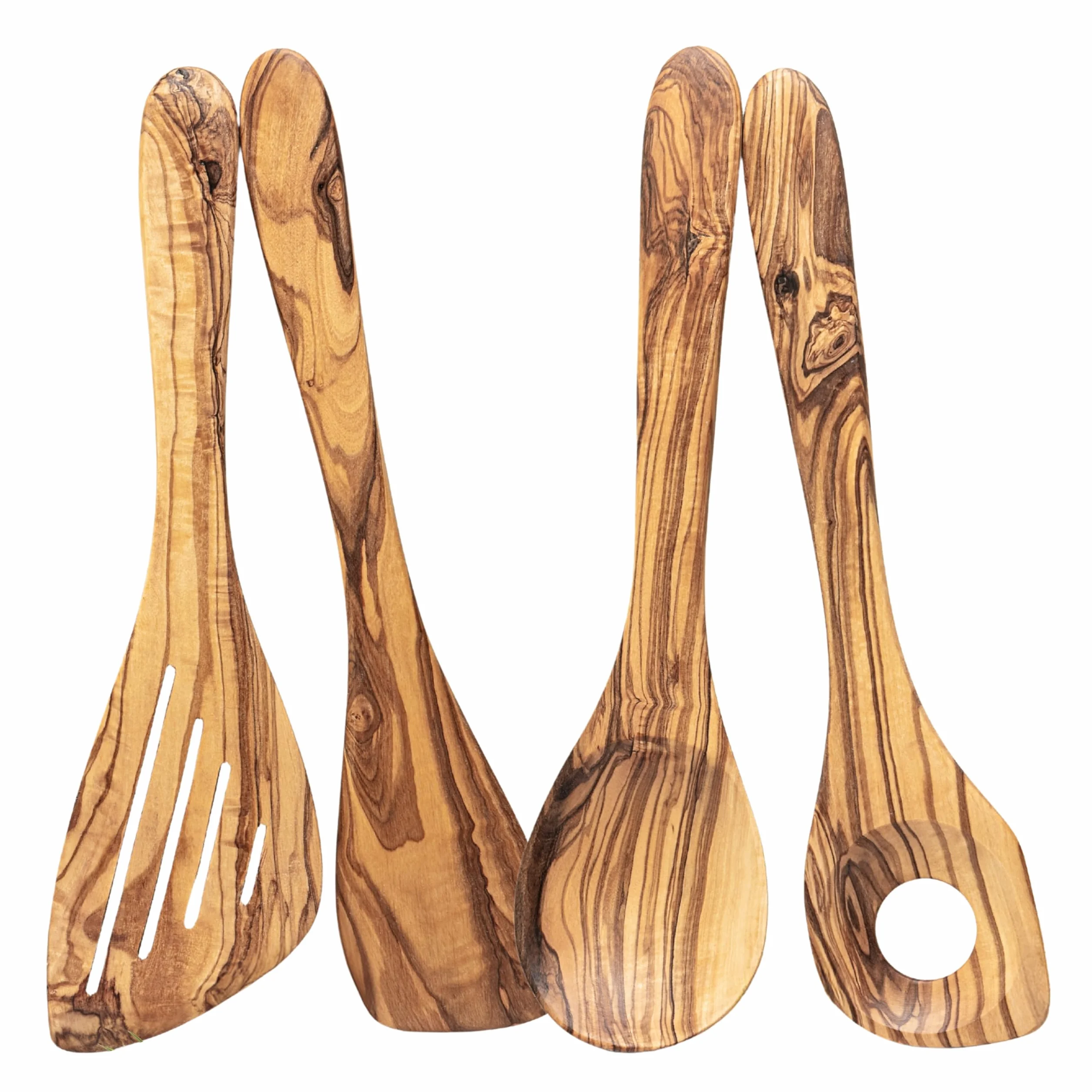 Erreke Utensilios de Cocina en Madera de Olivo Natural, Set de 4, Elegante | Juego de Utensilios de Cocina. Cuchara Madera. Espátula Cocina. Hecho a Mano. Estilo Mediterraneo. Para Cocina y Mesa