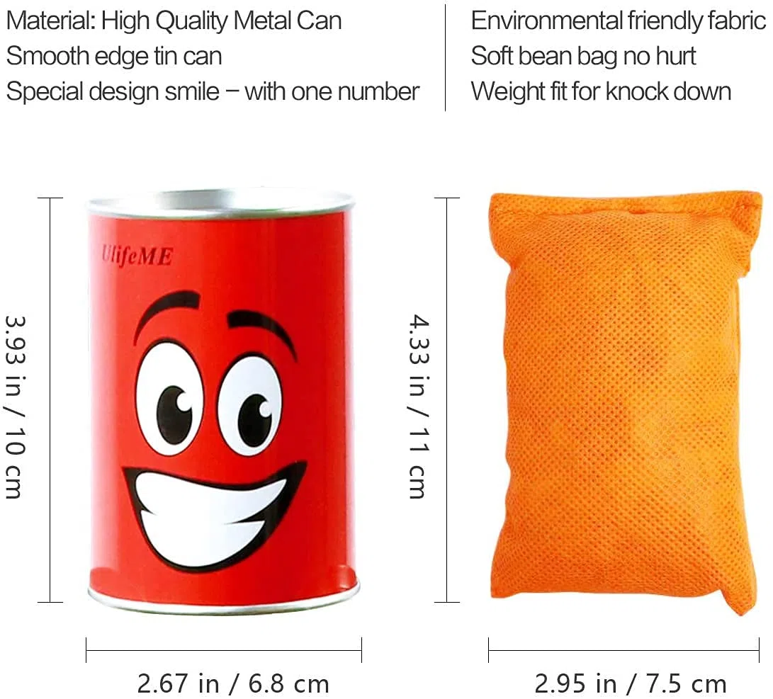 Lanzar latas para niños, Juego de Lanzamiento para Nacimiento Infantil y Otras Fiestas, 10 latas de Sonrisa y 3 Bolsas de Basura Coloridas, Juego para Juegos de jardín, latas de Lanzamiento,