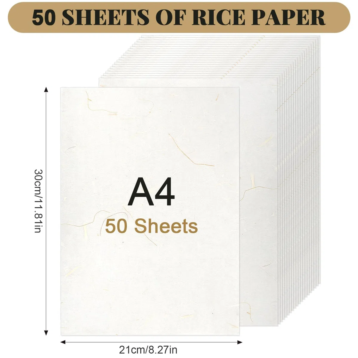 Papel de arroz A4, 50 hojas de fibras vegetales naturales de morera, papel washi imprimible texturizado para manualidades, escritura, pintura, papel de regalo, fabricación de tarjetas (marfil-paja)