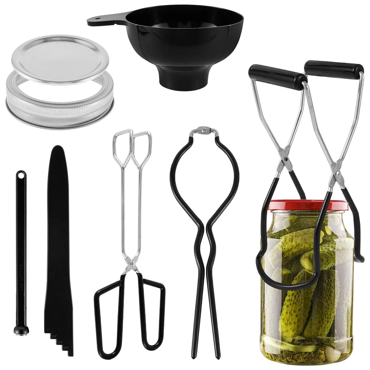 Eummy Kit de iniciación de suministros de enlatado de acero inoxidable, juego de herramientas de enlatado con estante de enlatado, elevador de tarros Tonga, kit de enlatado multifuncional duradero