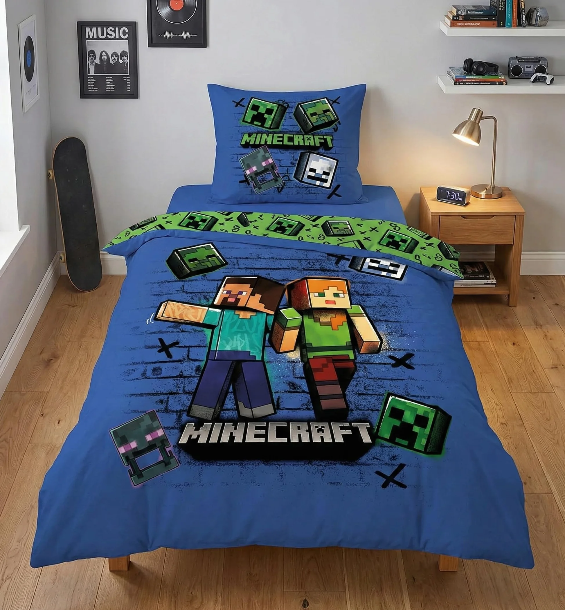 Juego de cama Minecraft - Funda nórdica de 135 x 200 cm + funda de almohada 80 x 80 - Microfibra ultra suave - Diseño oficial Steve, Alex & Creeper - Reversible Niño/Adolescente