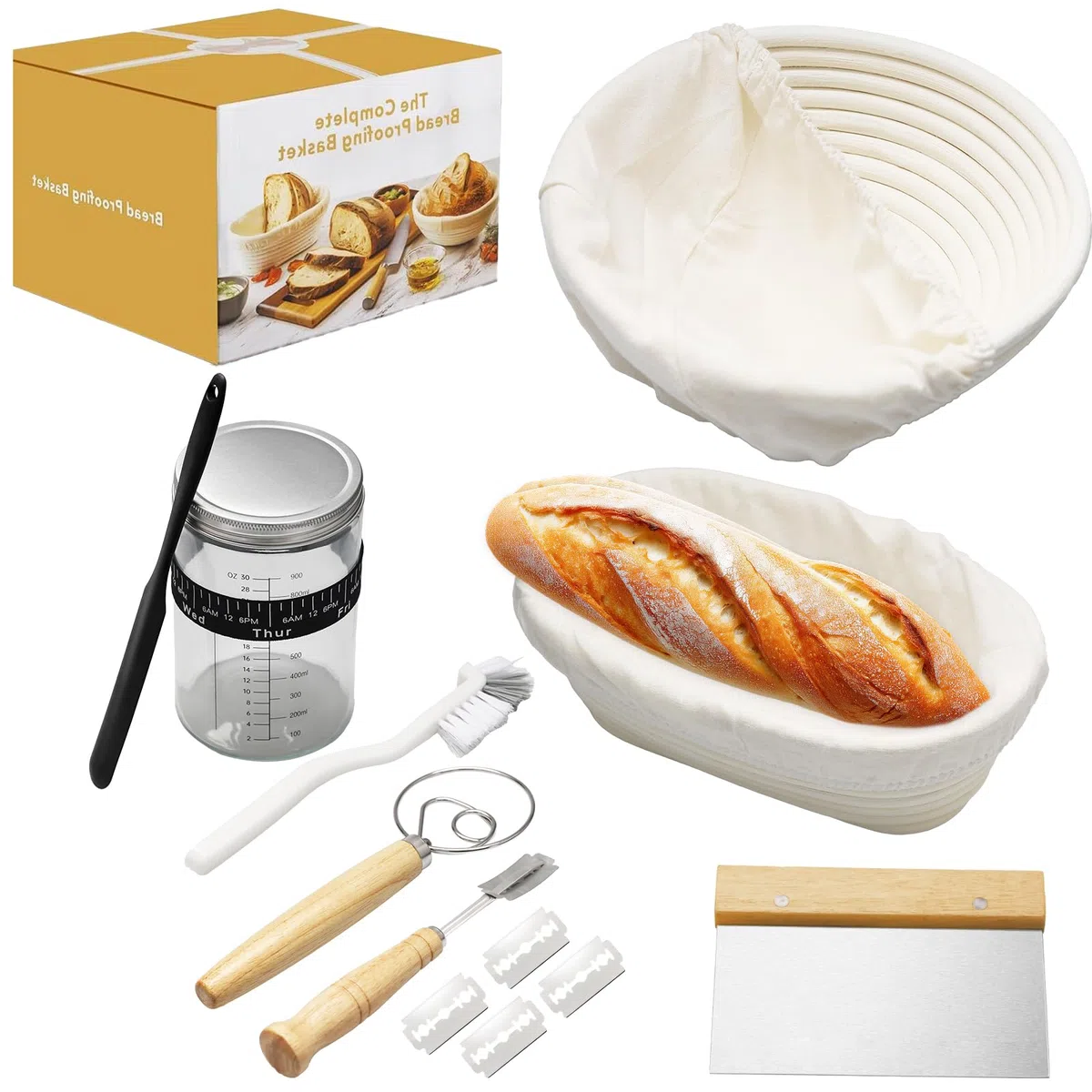 Cesta de fermentación de pan de 8 piezas – Juego de fermentación de pan en casa con 2 cestas de fermentación tarro de levadura madre cuchilla espátula masa batidor masa cepillo y medidor de