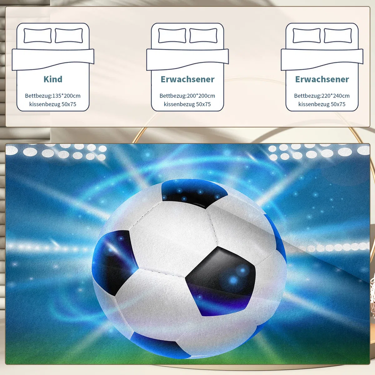 Juego de Ropa de Cama con Funda de edredón,Funda Cama 150,Ropa de Cama 3D Rugby Fútbol Juvenil Niño Chico Niña(Fútbol Azul,135 x 200 cm)