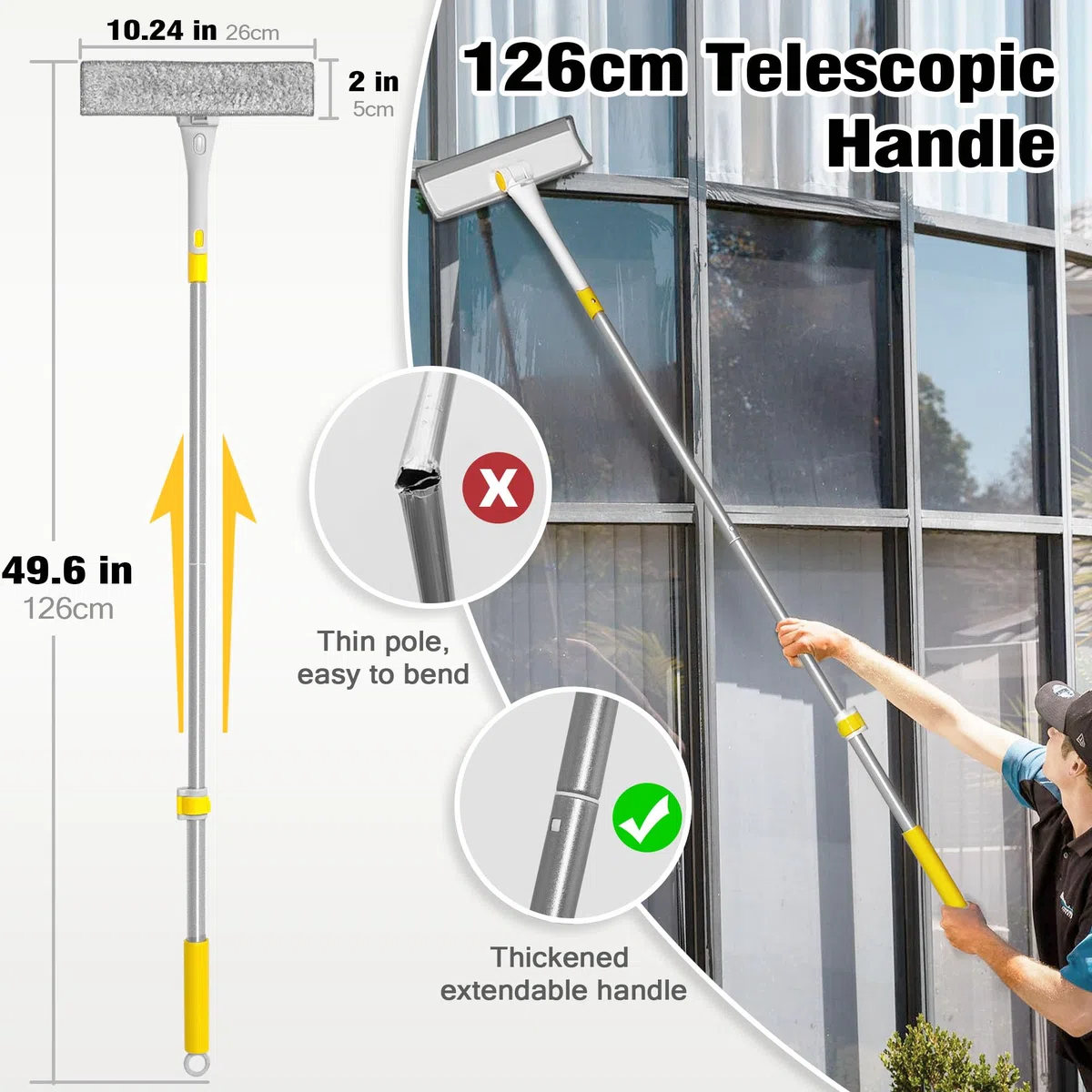 JEHONN Limpia Cristales con Mango Extensible 126 cm, Limpiacristales Profesional con Escobilla de Silicona & Paños de Microfibra, Palo Limpiador Ventanas por Fuera Vidros
