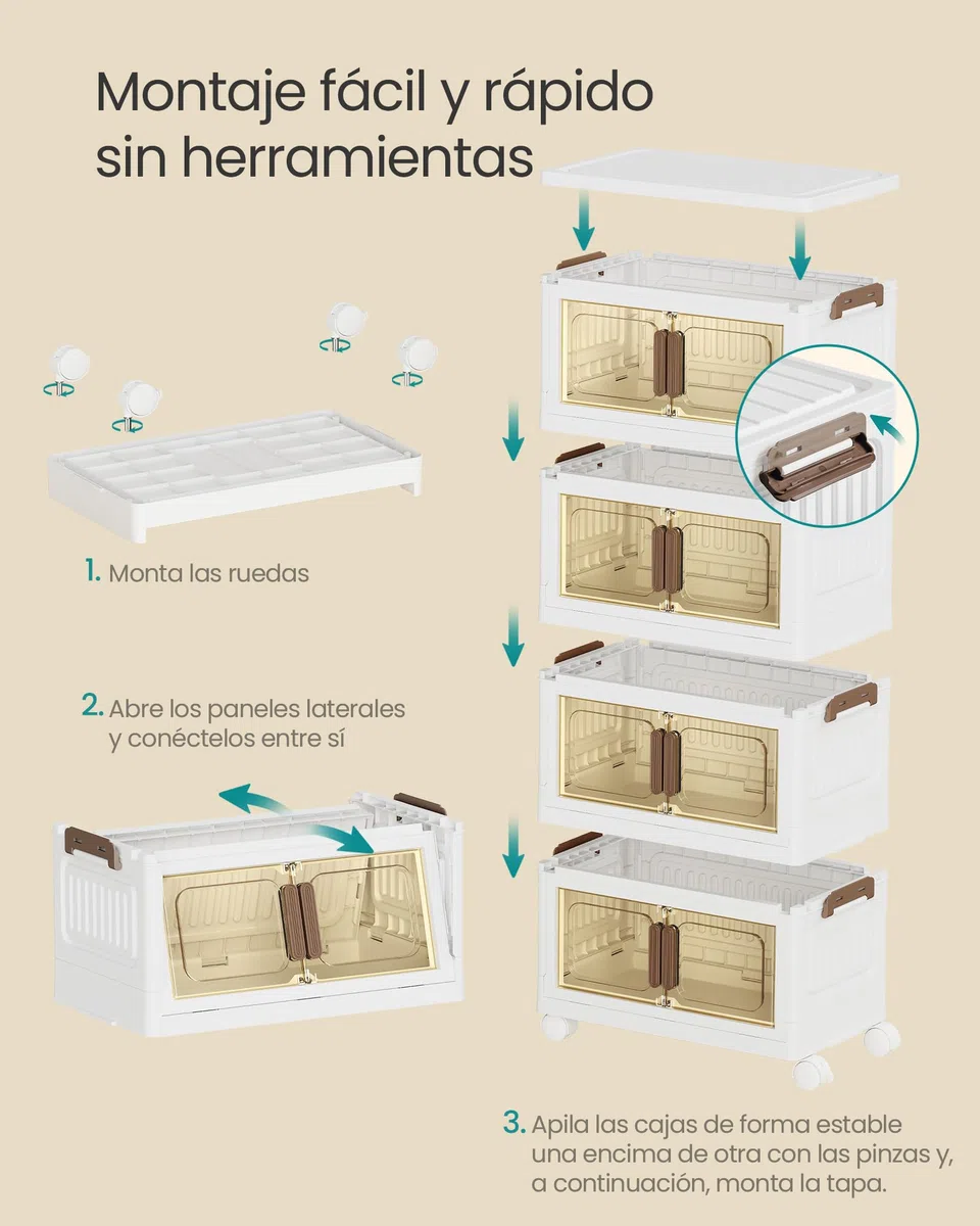 SONGMICS Cajas de Almacenamiento de 4 Niveles, Organizador con 1 Tapa, Cajas Apilables, con Ruedas, de Plástico, con Puerta Magnética, Blanco, 25 L por Nivel, RLB445WZ01