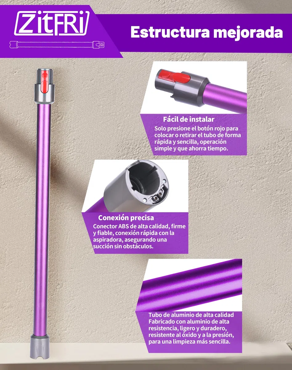 Tubo de Extensión Rígido Compatible con Dyson V11 V15 V10 V8 V7, Varilla de Aluminio con Conexión de Liberación Rápida, 72 cm - Morado