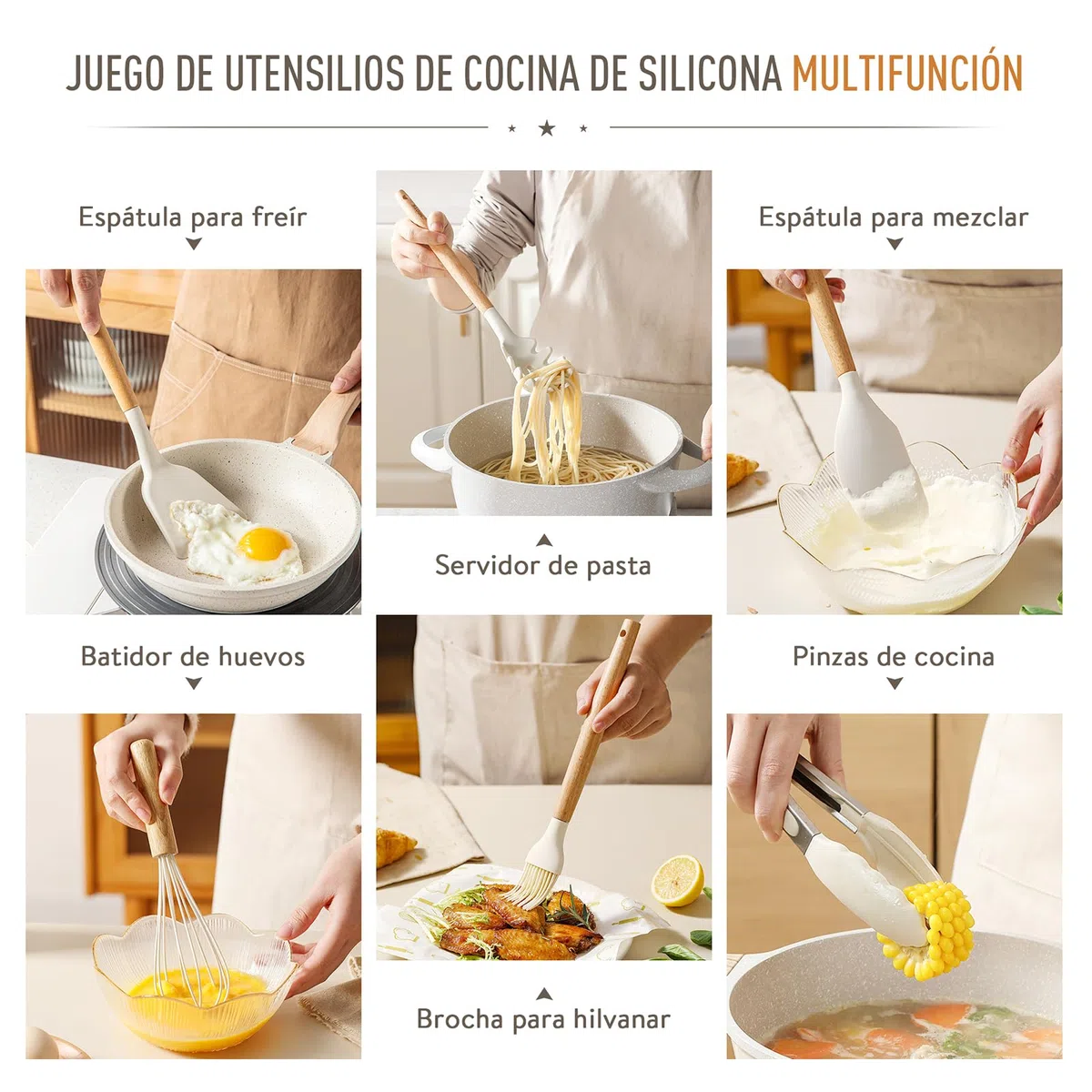 CAROTE Utensilios de Cocina de Silicona 16 Piezas, juego Utensilios de Cocina Resistencia al Calor y Antiadherente con Mango de Madera para Utensilios Accesorios Cocina, sin BPA
