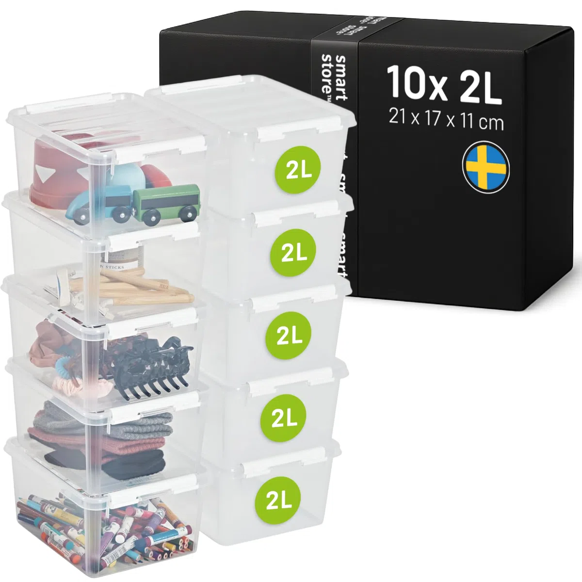 SmartStore 2L Pequeñas Cajas de Almacenamiento de Plástico con Tapas Juego de 10 Transparentes Apilables y Encajables Apto para Contacto Alimentario, sin BPA Cierre con Clips - L 21 x l 17 x H 11 cm