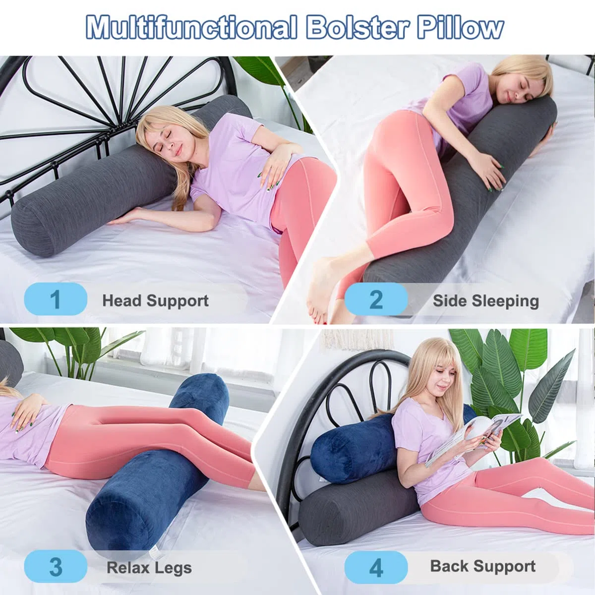 1 MIDDLE ONE - Almohada corporal, almohada de refuerzo con funda refrescante, almohada cilíndrica de rollo para cama, 119 x 20 cm, gris