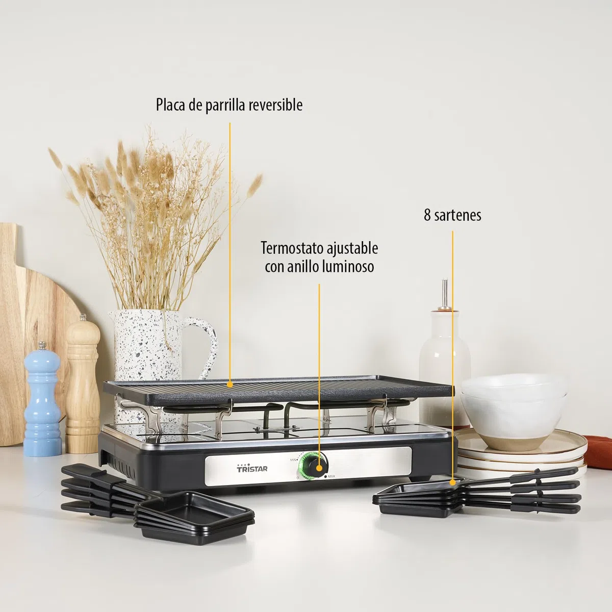 Tristar RA-2748 Raclette multifuncional 3 en 1; Raclette, piedra de cocción, grill, plancha/teppanyaki, Para 8 personas con 8 sartenes de raclette incluidas, 1400 W