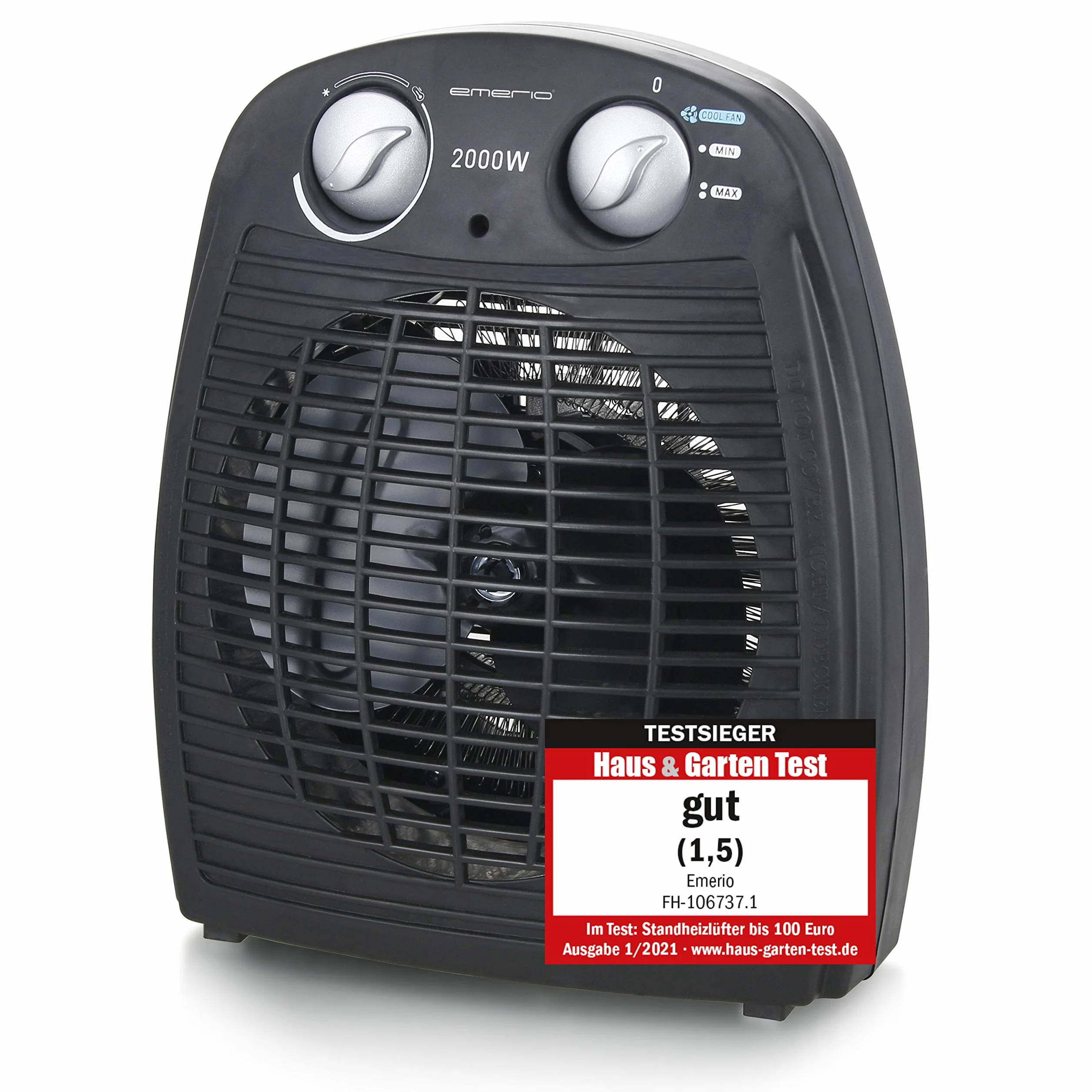 Emerio FH-106737.2 - Pequeño termoventilador compacto para 20 m², 2 potencias de calefacción + función de ventilador, termostato ajustable, interruptor de seguridad, asa, 2000 W