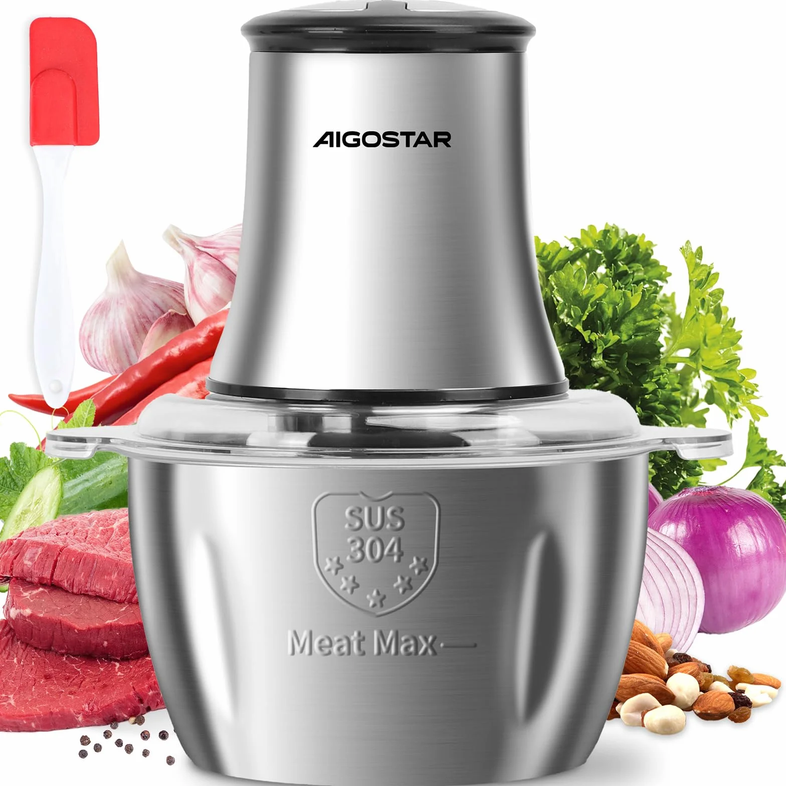Aigostar Flor - Picadora Eléctrica 500W, Procesador de Alimentos con Tazón de Acero Inoxidable 1.8L, 4 Cuchillas Afiladas y 2 Velocidades, Ideal para Carne, Verduras, Frutas y Cebolla