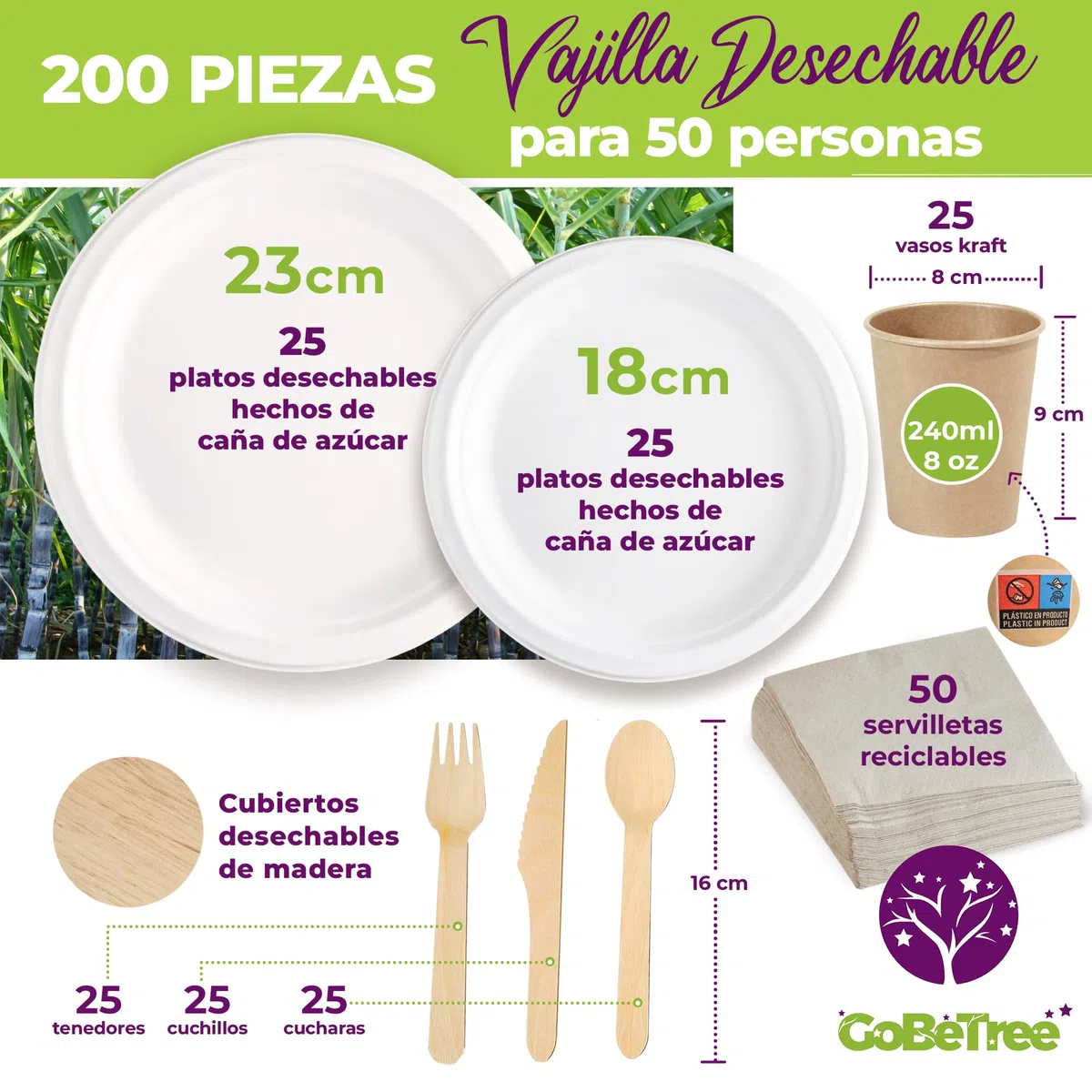 Vajilla Desechable de 200 pcs para 25 personas, Platos desechables de Caña de Azúcar y Cubiertos desechables de Madera, vasos desechables Kraft Para Cumpleaños infantil,fiestas y barbacoas