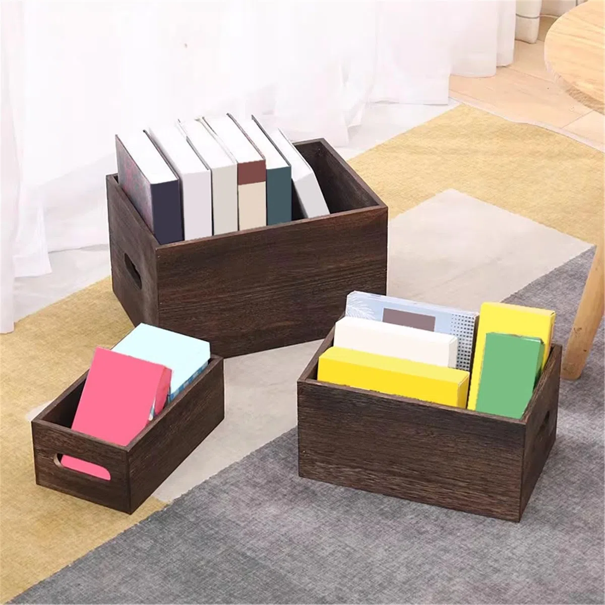 Unidad de estantería Caja organizadora de Discos Vinilo, estantería Madera con mostrador Retro, Caja Almacenamiento Asas Estantería(Pequeño)