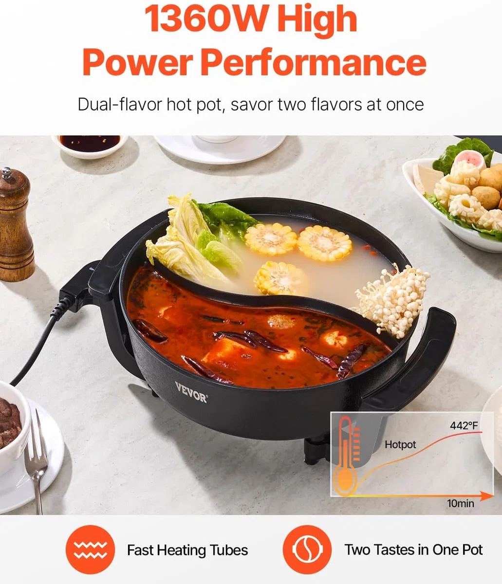 VEVOR Olla Eléctrica 1360 W, 5 L, Doble Sabor, Antiadherente, con Divisor, Tapa de Cristal Transparente y Control de Temperatura, para 6-10 Personas, Cenas Familiares Fiestas, 300 x 300 x 110 mm