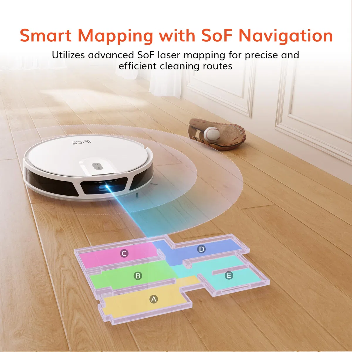 ILIFE Robot aspirador V20 con navegación láser, succión de 5000 Pa, limpieza personalizada, ideal para pelo de mascotas y suelos diversos, compatibilidad con Alexa y Google