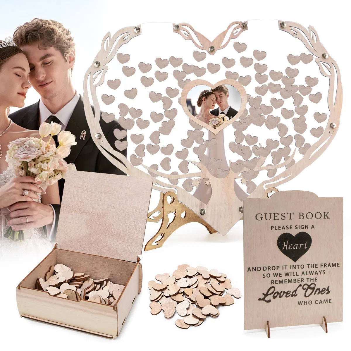 Libro de Firmas para Boda de Madera con 100 Corazones, Libro de Invitados Alternativo para Bodas y Cumpleaños, Decoración Personalizable para Bodas con Marco para Fotos y Área de Firmas