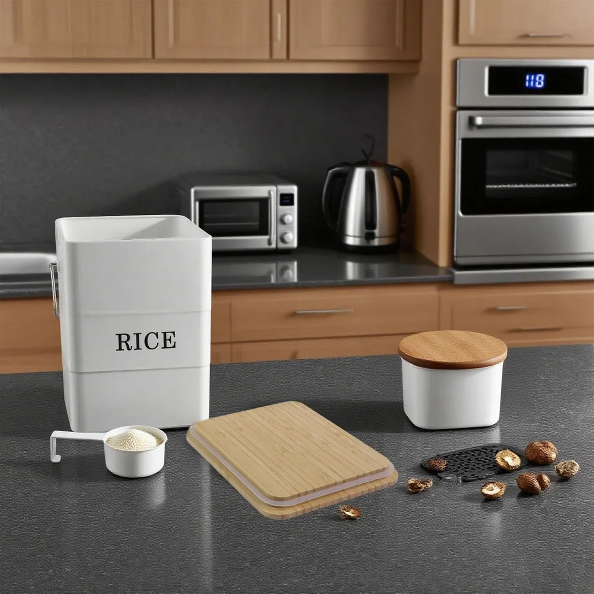 Recipiente de arroz de metal de 10 l con tapa de bambú y cuchara, recipiente de almacenamiento de arroz hermético, recipiente de almacenamiento de cocina para alimentos, recipiente de cereales