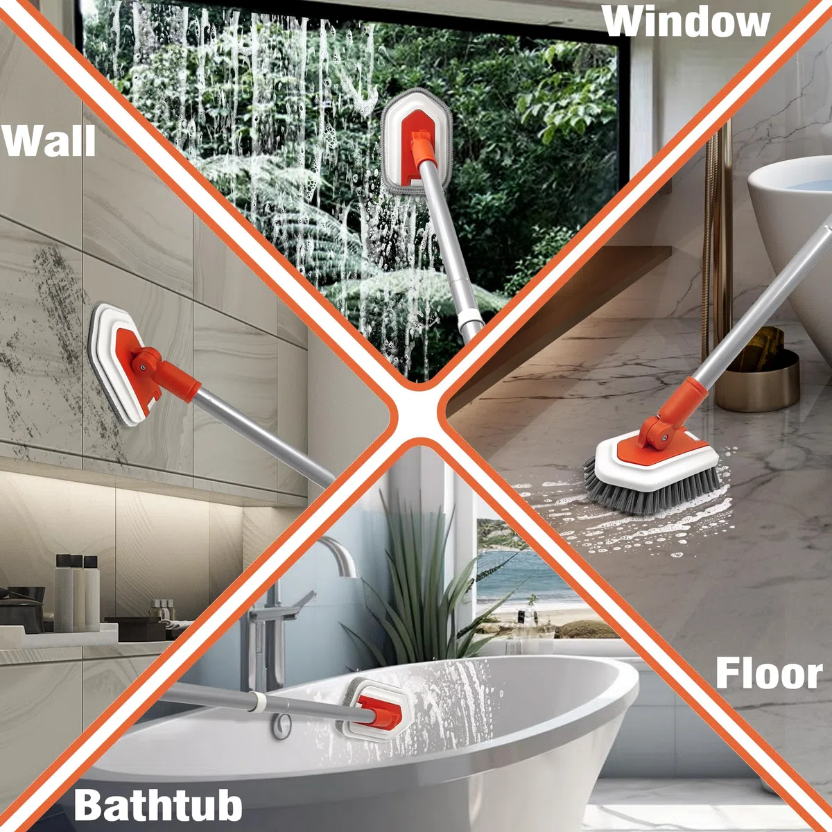 JEHONN Cepillo Limpieza Ducha con Mango Largo, 4 en1 Limpia Azulejos Pared Cocina, Baño, Bañera, Suelo, Zócalo (Rojo)