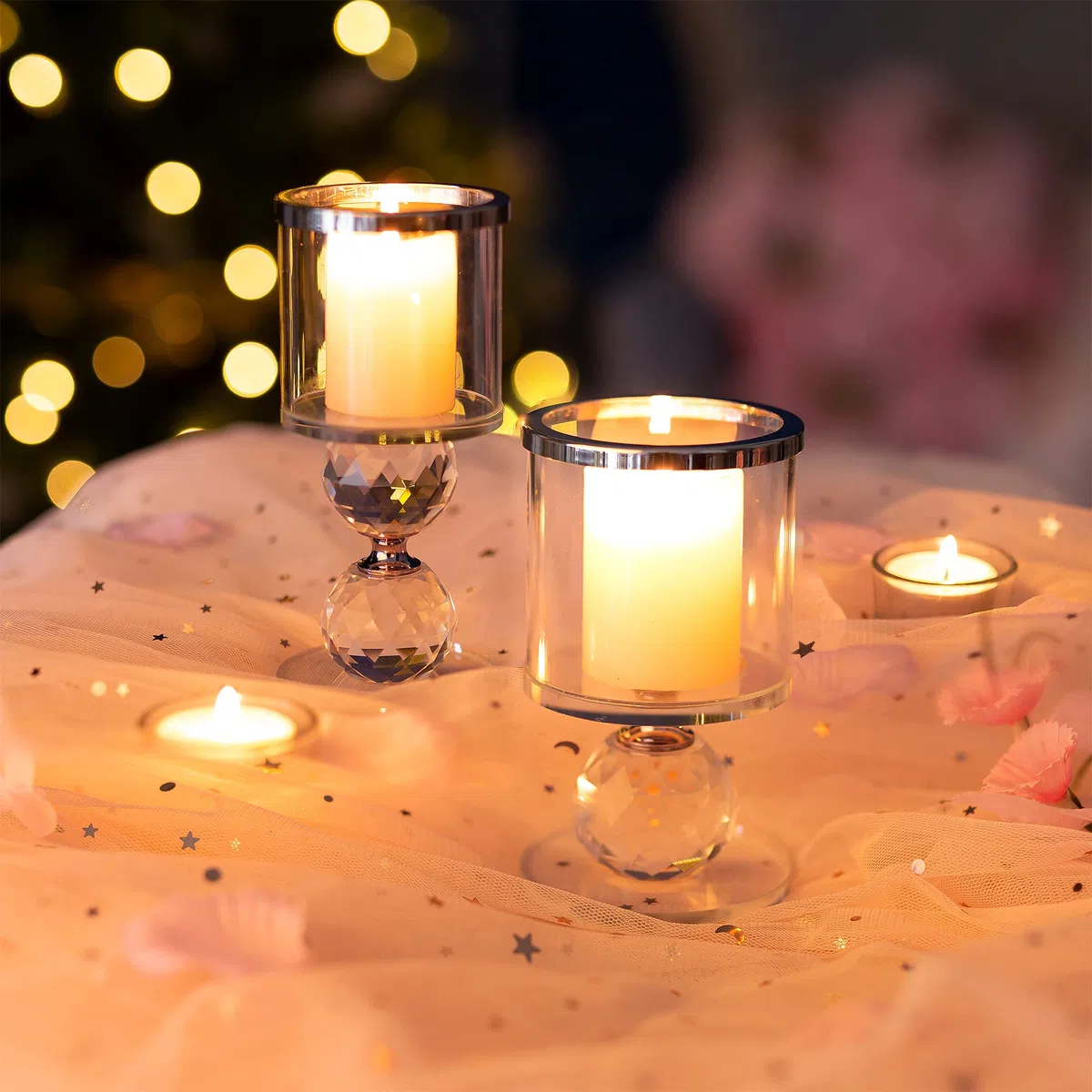 Sziqiqi Portavelas de Columna de Cristal, 2 Piezas de Candelabros de Vidrio Transparente, Velas para Candelabros Centro de Mesa para Regalos de Boda y Decoración Navideña, Plata