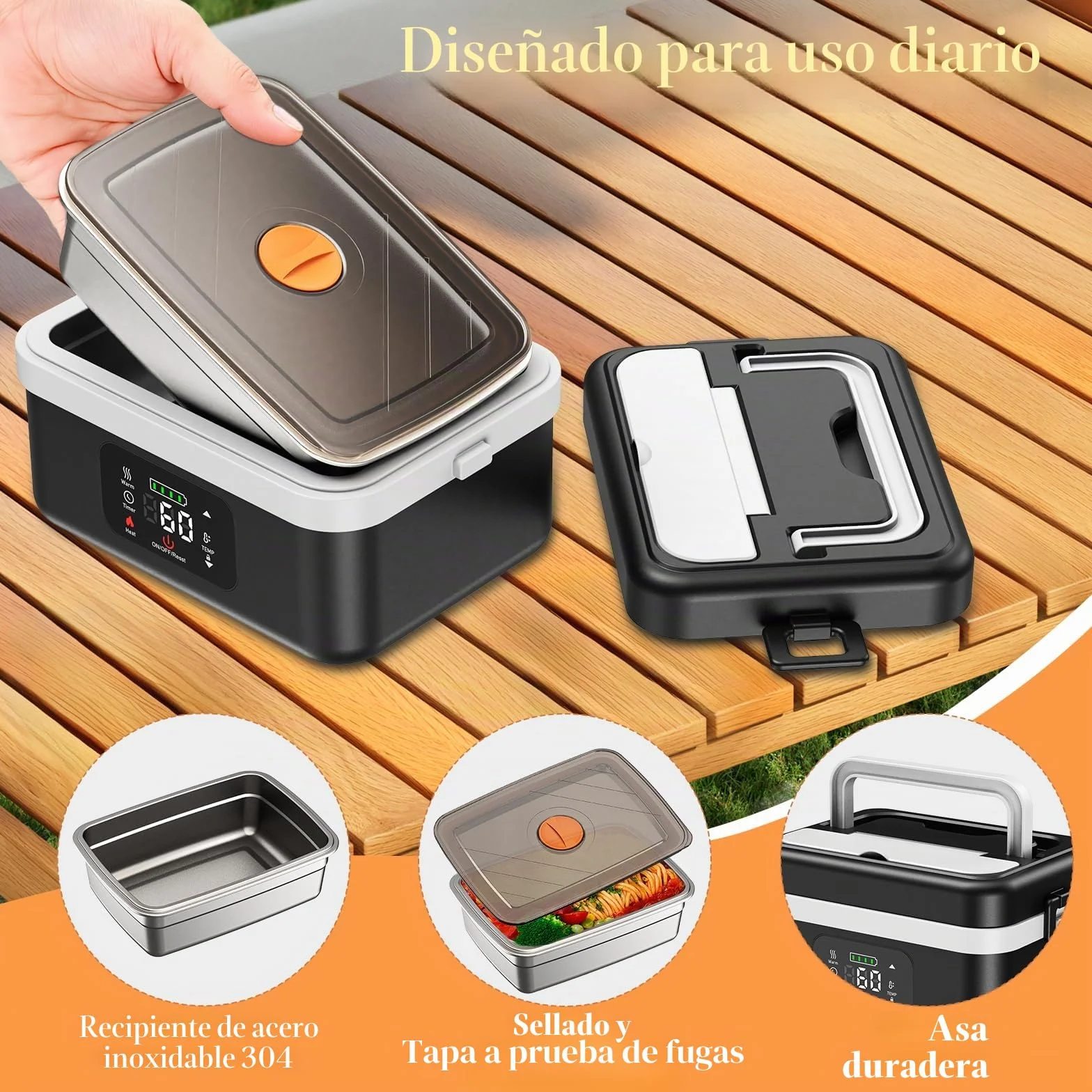 Fiambrera Eléctrica,Fiambrera Recargable Taper Electrico Para Comida de 16 000 mAh, Calentador de Alimentos portátil de 1 l con Calentamiento Automático, almuerzo caja calefactora