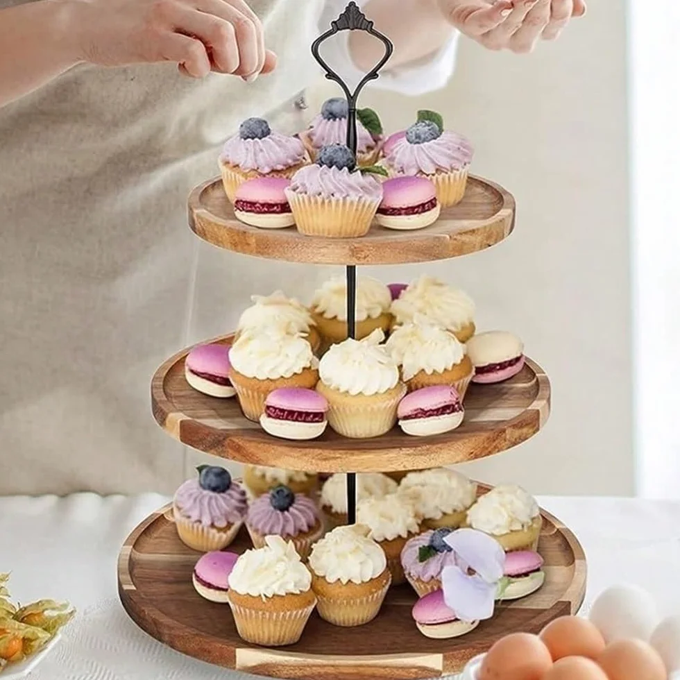 Torre de exhibición de pasteles Soporte de madera for cupcakes, soporte grande for pasteles 3 niveles, bandeja for servir, expositores rústicos for postres