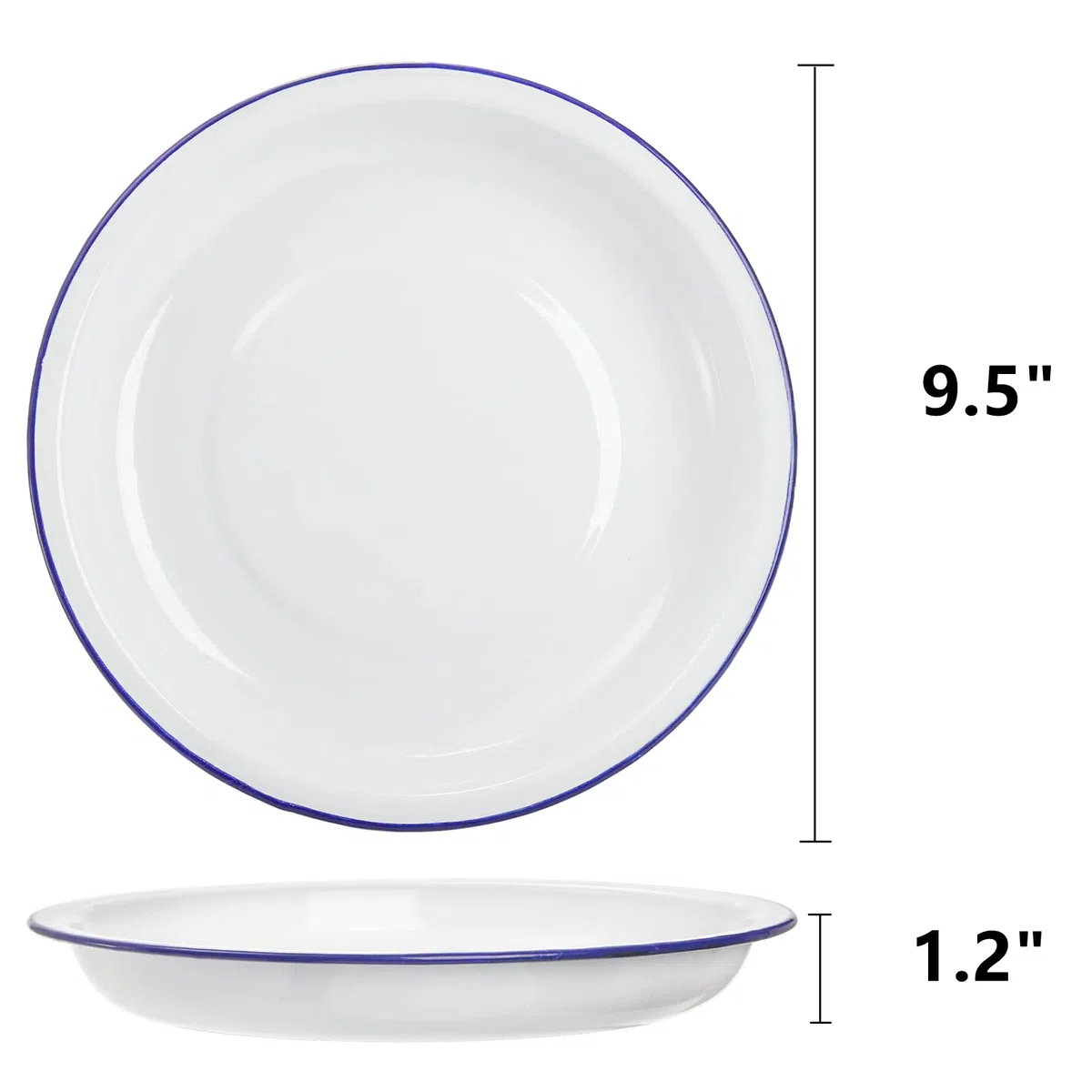 Dicunoy Paquete de 5 platos esmaltados, bandejas irrompibles de 24 cm, bandejas para servir para cenas, cuencos redondos y poco profundos retro blancos con borde negro para pasta, picnic, barbacoa