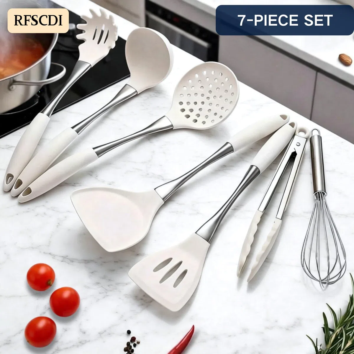 Set de utensilios de cocina de silicona con mango de acero inoxidable, utensilios de cocina de silicona con mango de acero inoxidable, apto para lavavajillas, resistente al calor, juego de utensilios