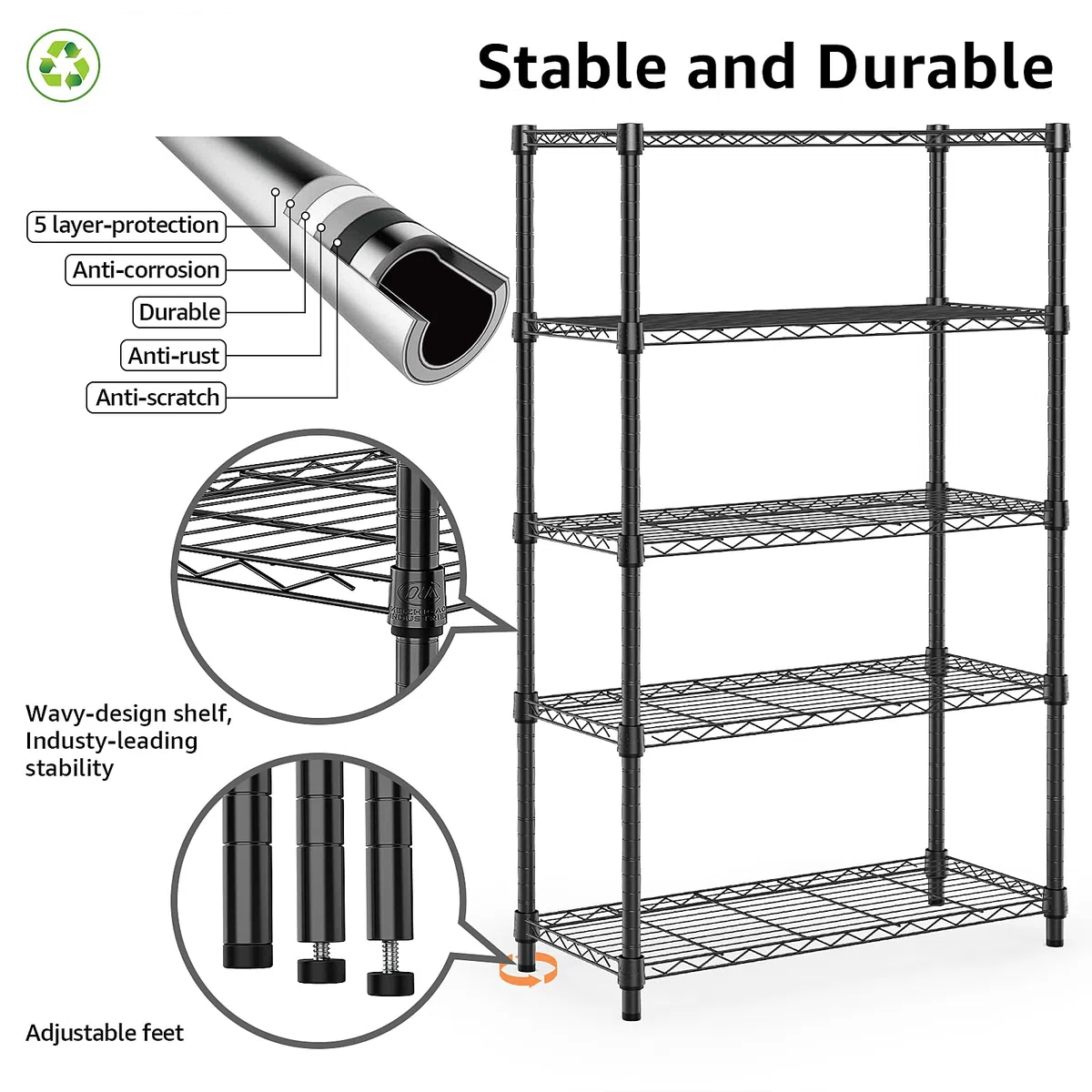 M MZG Estantería Metálica de Carga Pesada de 5 Niveles, hasta 567,5 kg, Baldas Ajustables, para Garaje, Taller y Almacén,Estudio,Negro, 35 x 60 x 158,7 cm