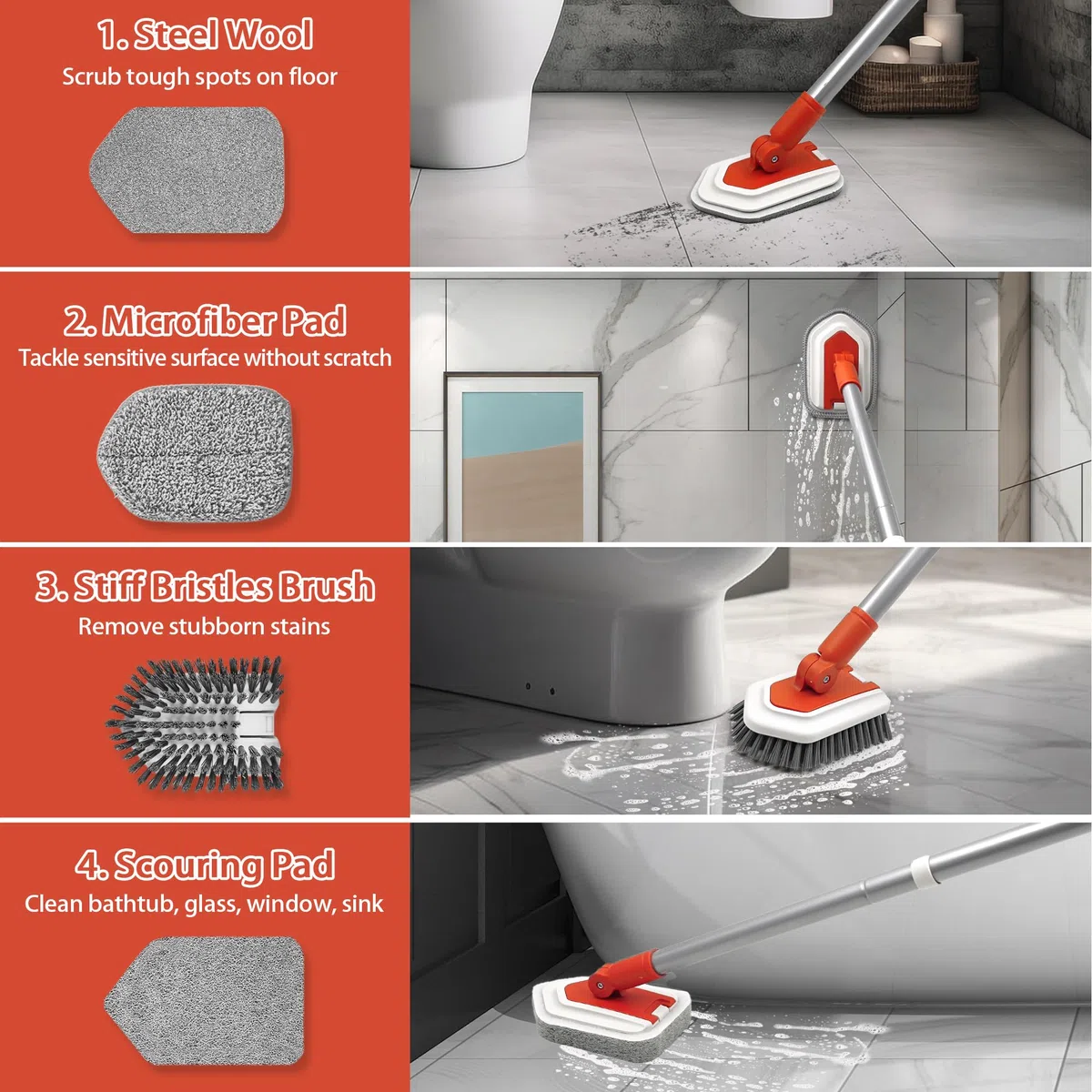 JEHONN Cepillo Limpieza Ducha con Mango Largo, 4 en1 Limpia Azulejos Pared Cocina, Baño, Bañera, Suelo, Zócalo (Rojo)
