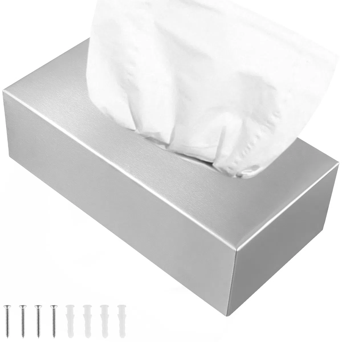 Caja de pañuelos de acero inoxidable, caja para pañuelos de papel de pared, dispensador de pañuelos de acero inoxidable, dispensador de pañuelos plateados, para baño, cocina, 23,8 x 12 x 7,4