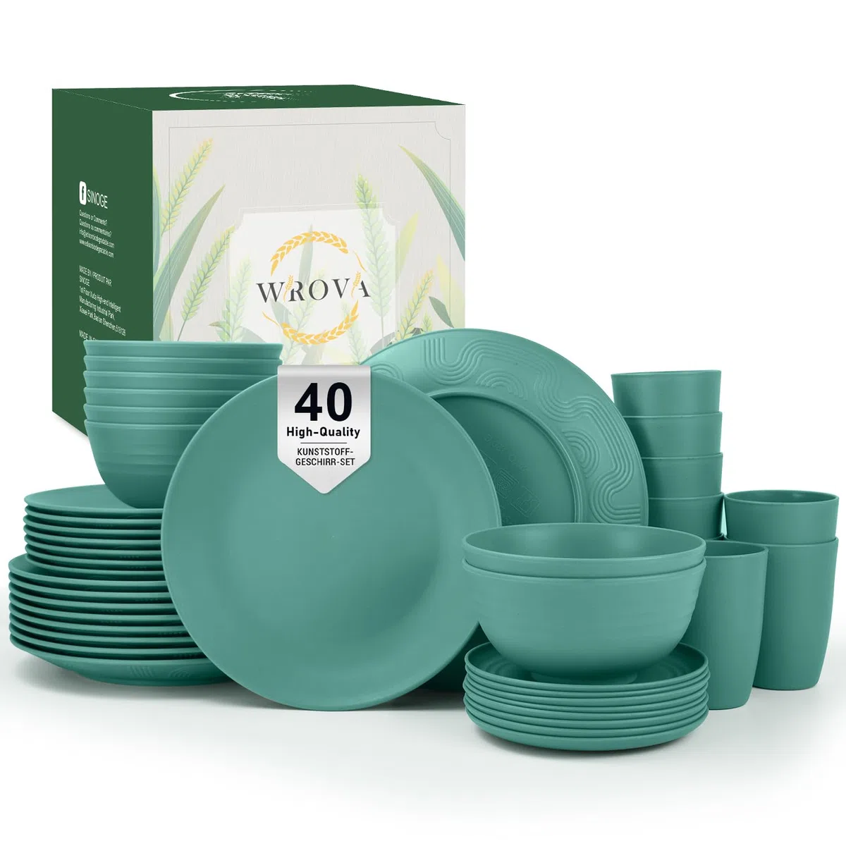 Wrova Juego de vajilla de 40 piezas, platos y cuencos con vaso, juego de platos irrompibles para 8 personas, apto para lavavajillas y microondas, para camping, autocaravanas - verde oscuro