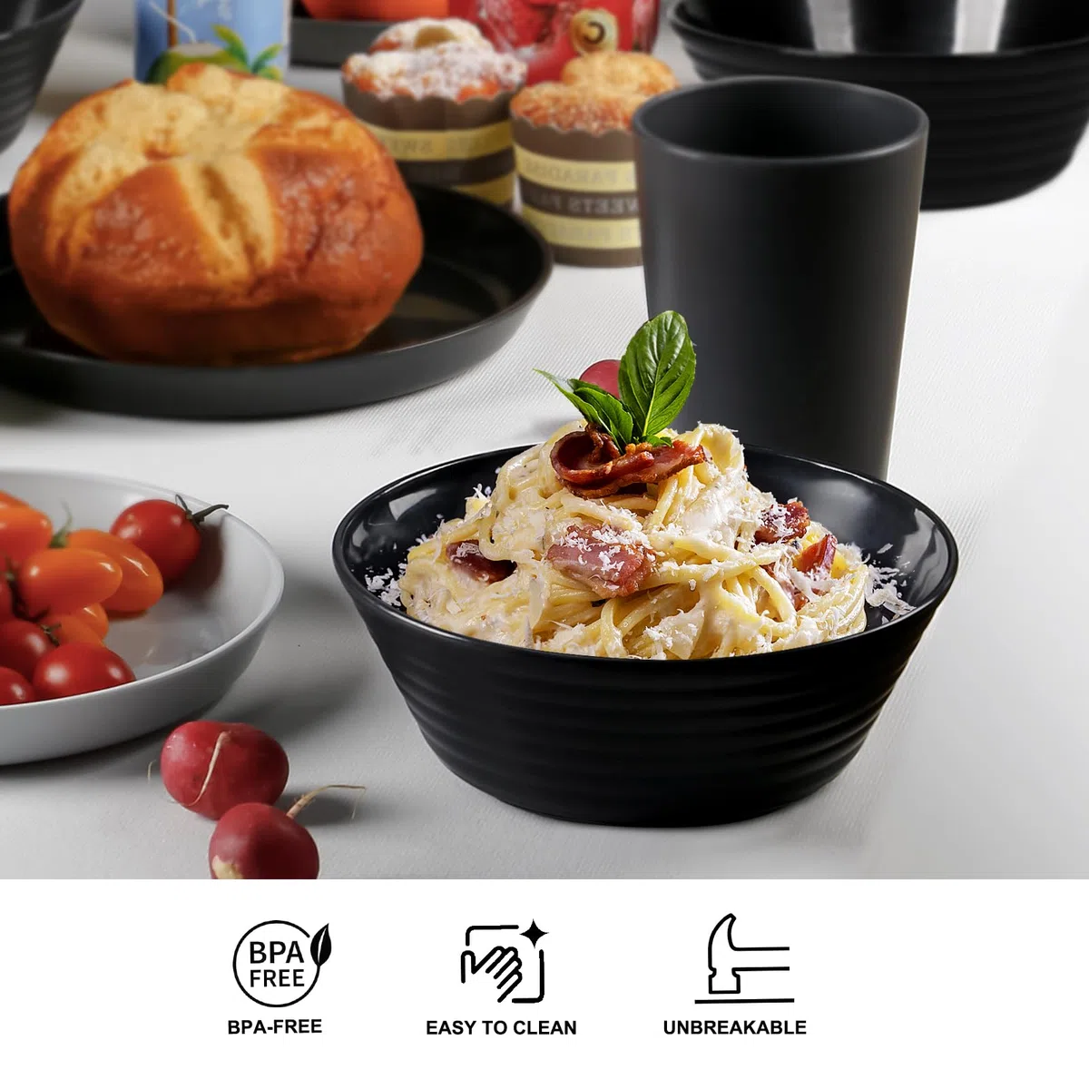 Greentainer Set de 4 Boles 1500ml, Cuencos de Plástico Irrompibles para Ensalada, Sopa y Cereal, Aptos para Microondas y Lavavajillas, Libre de BPA, Negro