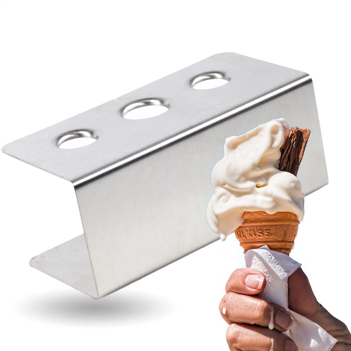 Acero inoxidable - cono de helado, titular de la galleta, galleta hielo con 3 orificios - 1 x 31 mm, 2 x 26 mm