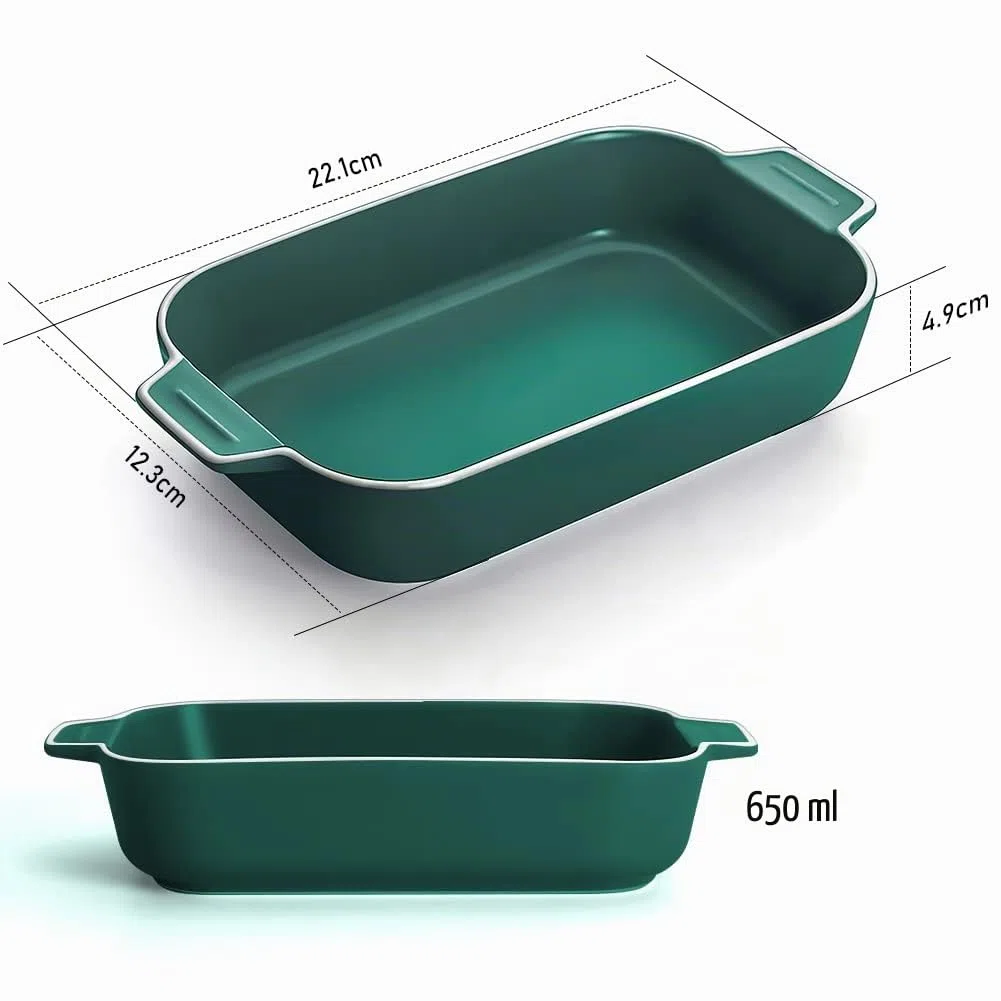 Plato para lasaña, 2 unidades de 9 x 5 pulgadas rectangulares de cerámica con asa, plato pequeño de color para hornear de horno a mesa, ideal para horno, sartén de cerámica para lasaña (verde)