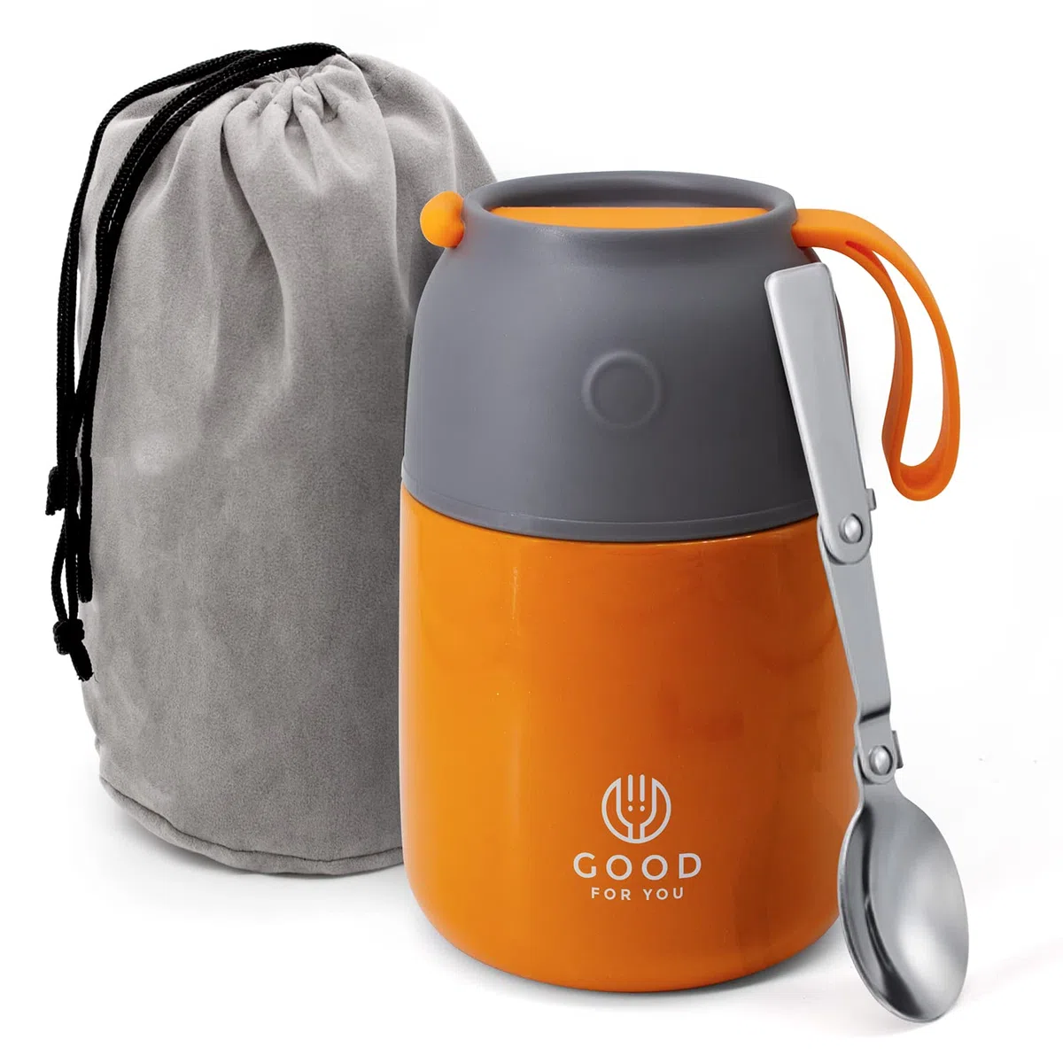 GOOD FOR YOU - Termo de 530ml | Jarra térmica de metal con doble aislamiento para comida, café, agua, etc. Fiambrera bebé, niños, oficina, camping | Con cuchara, color Naranja
