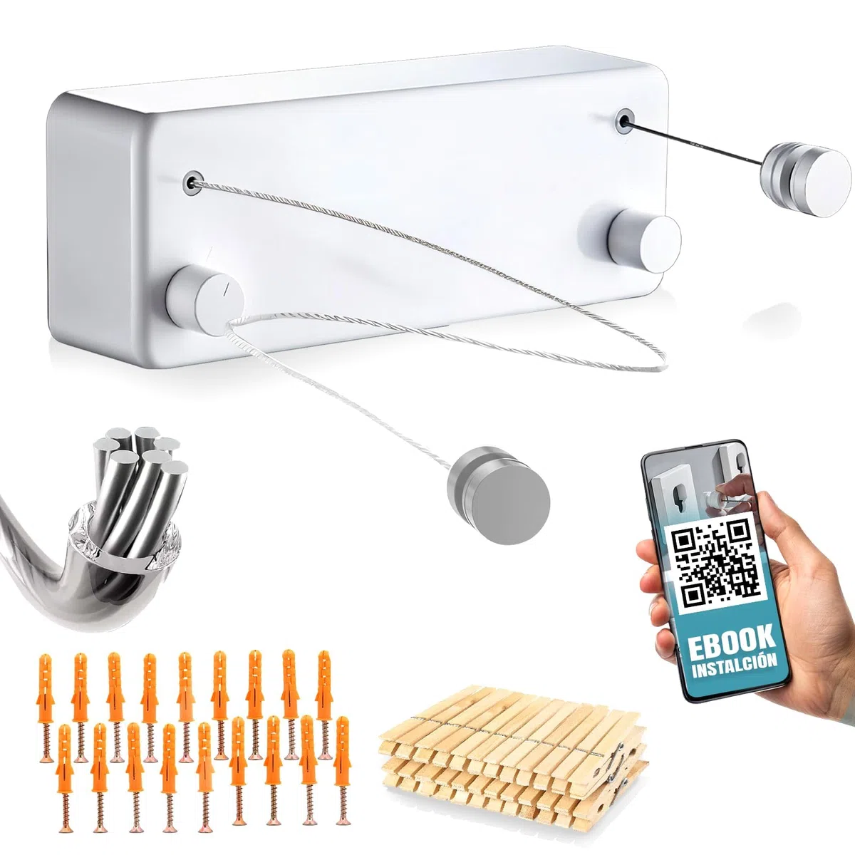 Super Tendedero Retractil Pared | 2 Cuerdas Acero Resistente 5.2m Cada una | Aluminio y PVC Premium | Soporta 25 kg, Tendedero Extensible Pared, 24 Pinzas y Accesorios | Blanco Minimalista
