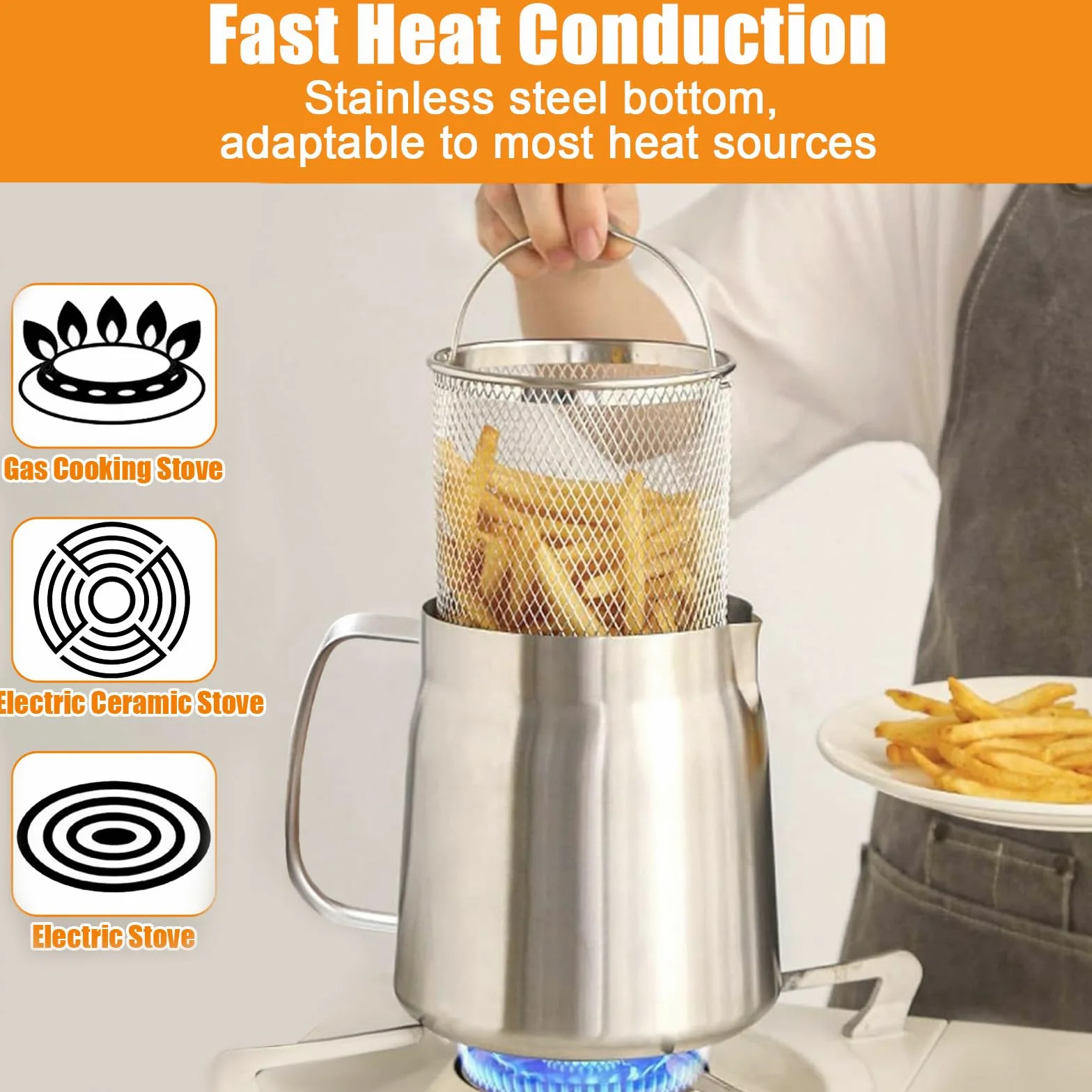 Freidora Acero Inoxidable con Filtro Malla Fina & Cesta, Olla Colador Versátil Tapa Polvo Prueba & Engrasadores, Recipiente Cocina Aceite Capacidad Gran para Grasa, Freír, Cocinar Almacenar (2 L)