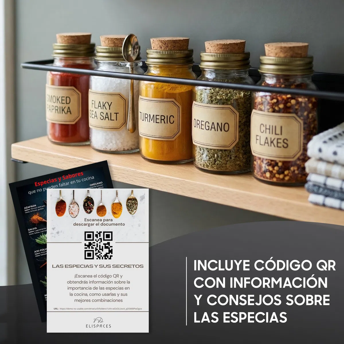 Especieros para Cocina Magnéticos – Pack de 2 | Estante de Pared de Acero y Madera para Baño, Cocina o Salón. Organizador de Especias + QR de Regalo | 3 Opciones: Adhesivo, Imán o Tornillos